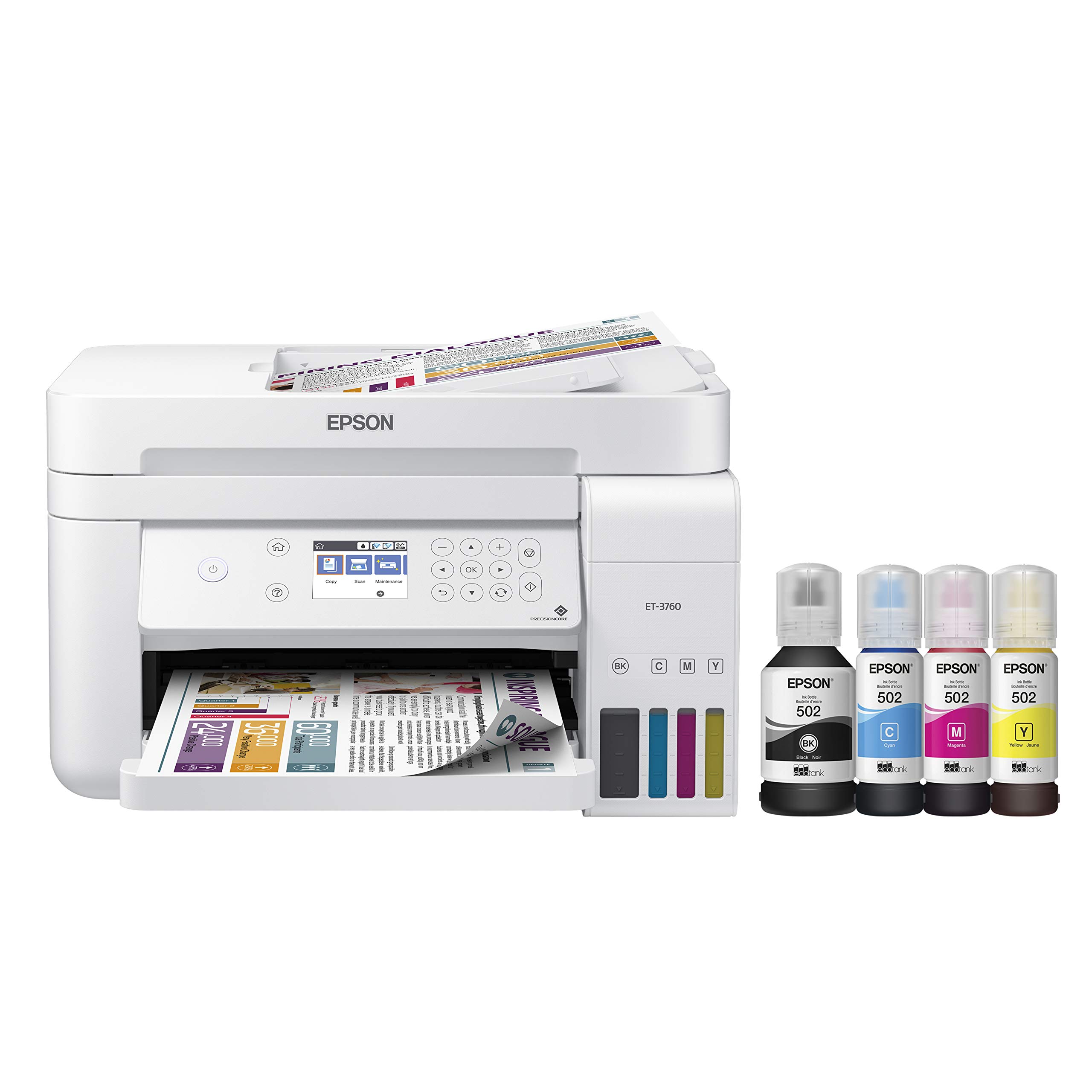 Epson EcoTank ET-3760 Wireless Color All-in-One Supertank Printer with Scanner, Copier & Ethernet - Cartridge-Free Printing for Home Office, Small Business & School Projects
