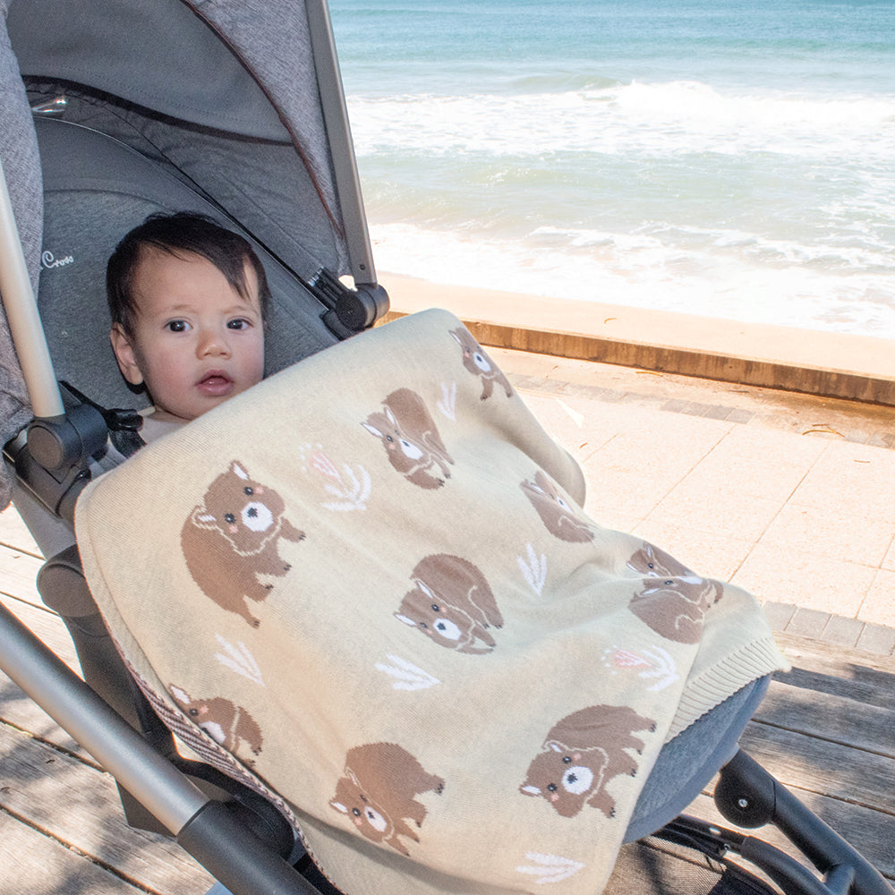 Soft Cotton Knit Australiana Baby Blanket - Adorable Fawn Wombat Design | Perfect for Nursery, Stroller & Gift Giving