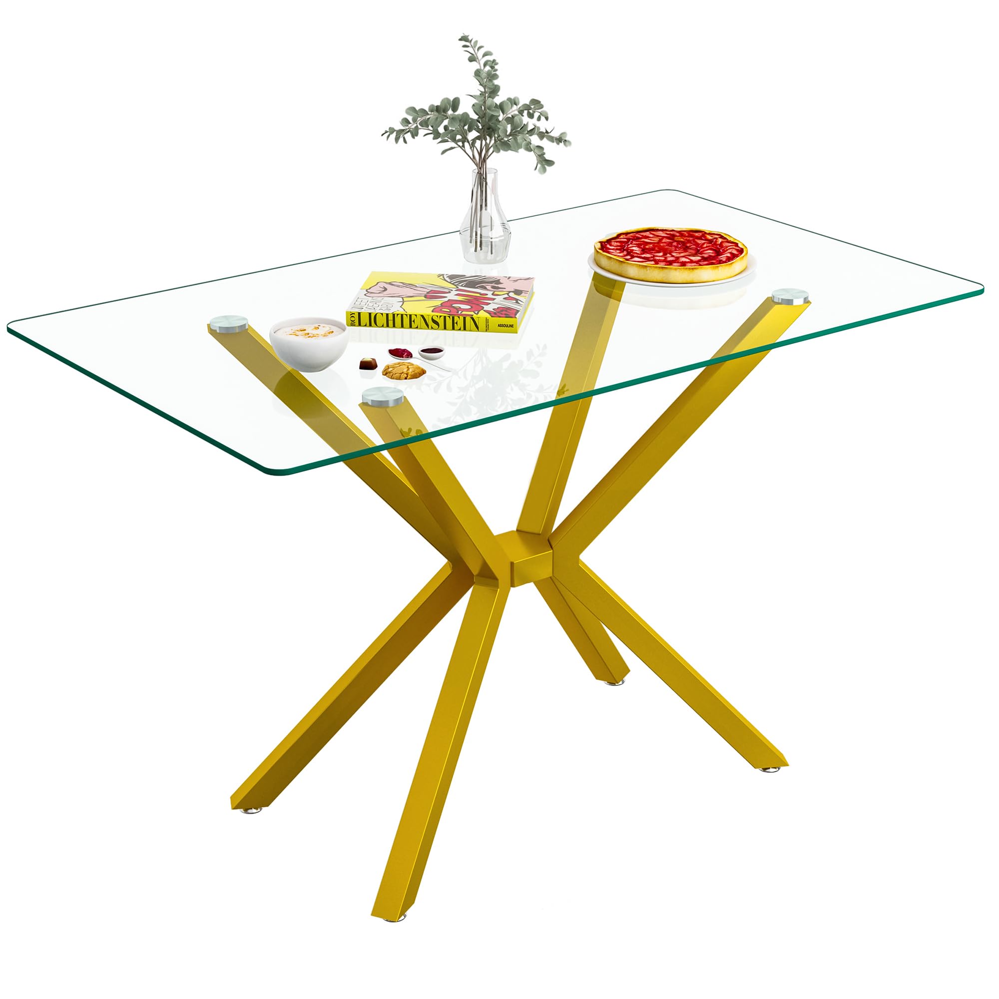 Modern Glass Dining Table Set for 4 with Gold Base - 5 Piece Kitchen Table & Chairs Set Includes 47