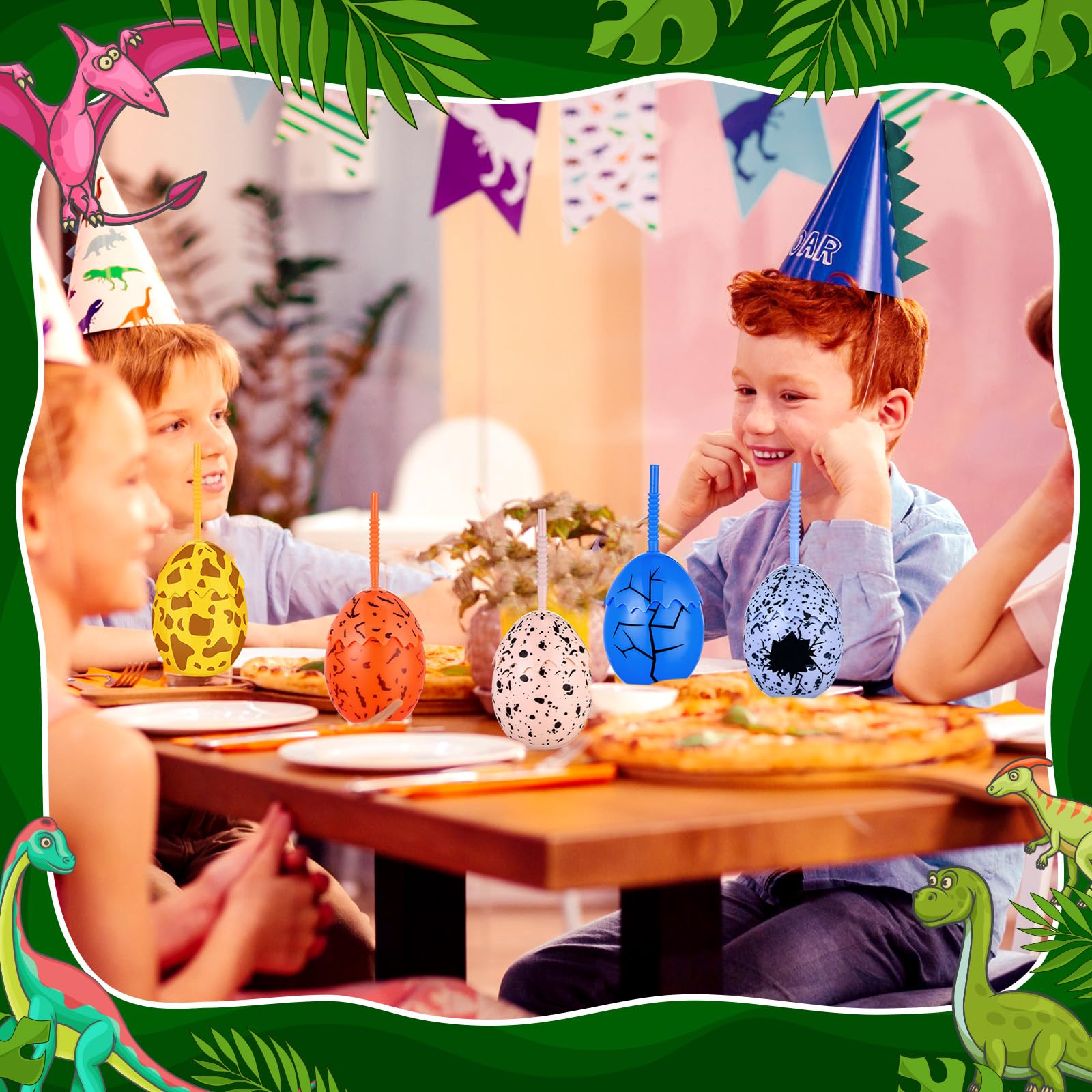 12-Piece Kids Dinosaur Party Cups Set with Lids & Straws - 10oz Dino Egg Shaped Cups for Birthday Party Decorations - Perfect for Dinosaur Themed Parties, Baby Showers & Kids Celebrations - BPA Free & Reusable