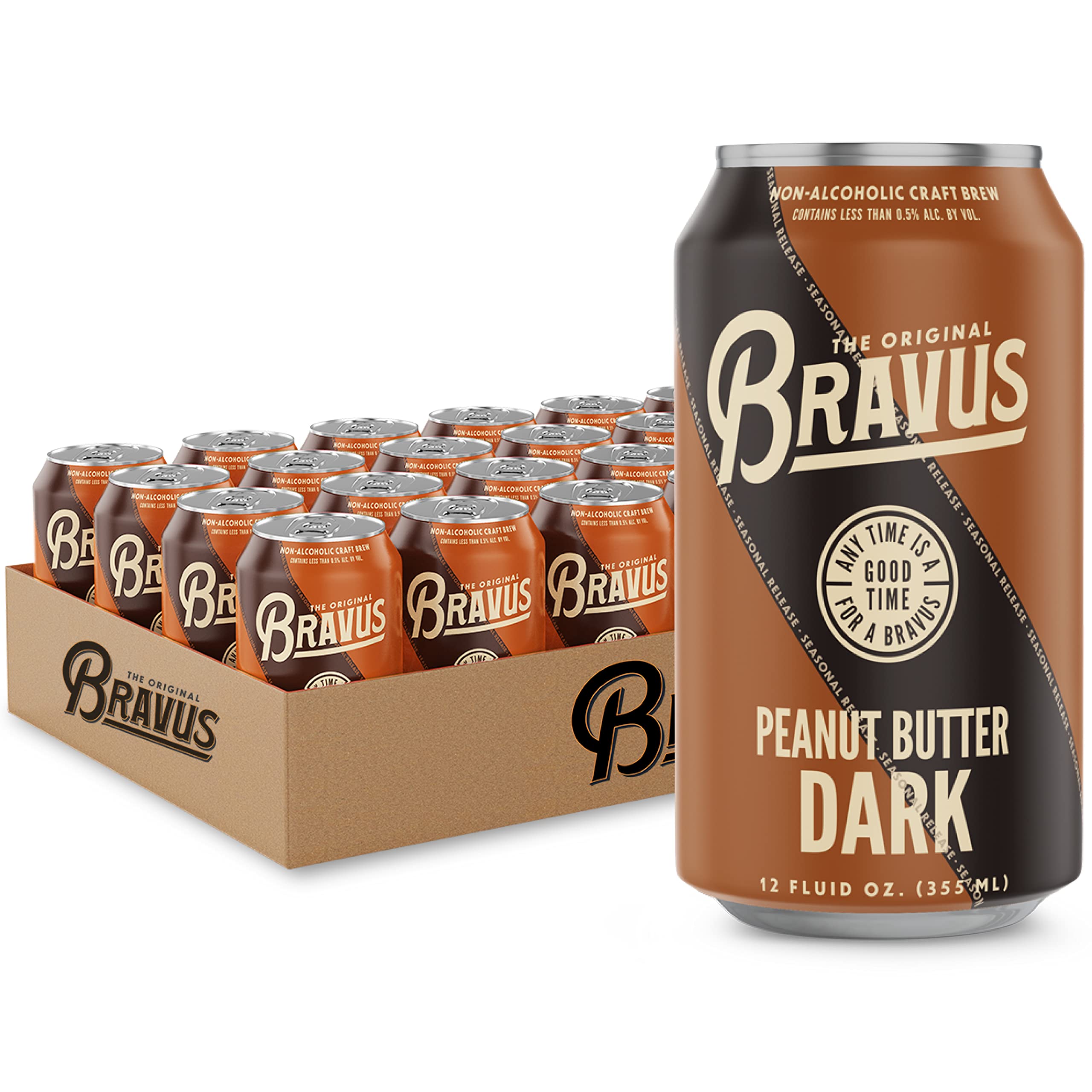 Bravus Peanut Butter Dark Stout Non-Alcoholic Craft Beer - 24 Pack (12 Fl Oz Cans) | Low-Calorie, Gluten-Free | Perfect for Parties, BBQs & Healthy Lifestyle