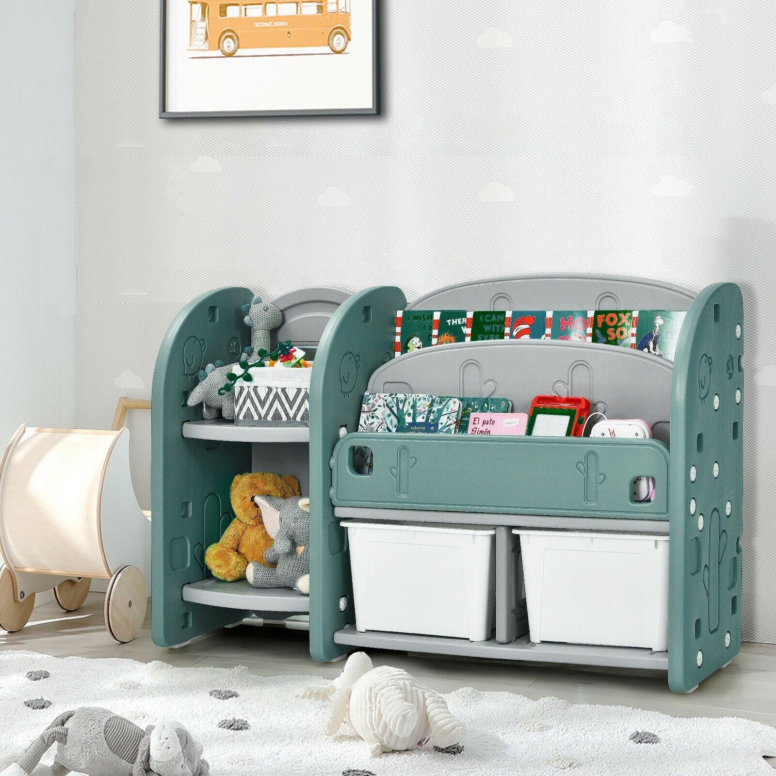 Kids Toy Storage Organizer with 2-Tier Bookshelf & Plastic Bins - Space-Saving Kids Room Organization for Toys, Books & School Supplies