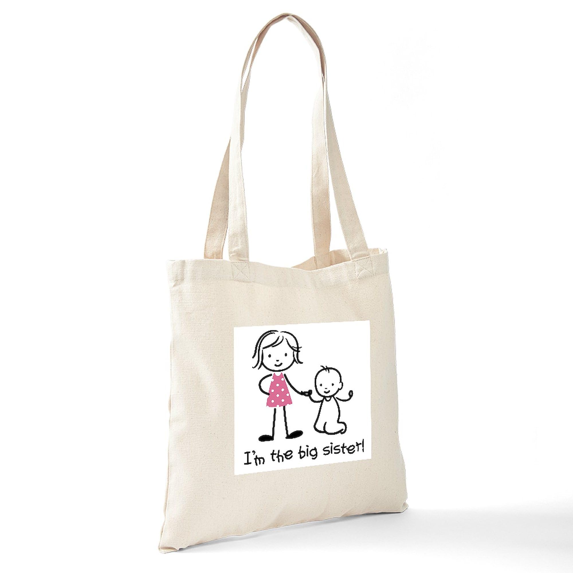 Big Sister Stick People Tote Bag - Natural Canvas Reusable Shopping Bag for Women | Eco-Friendly Grocery Tote for Sisters, Beach, Work & Everyday Use