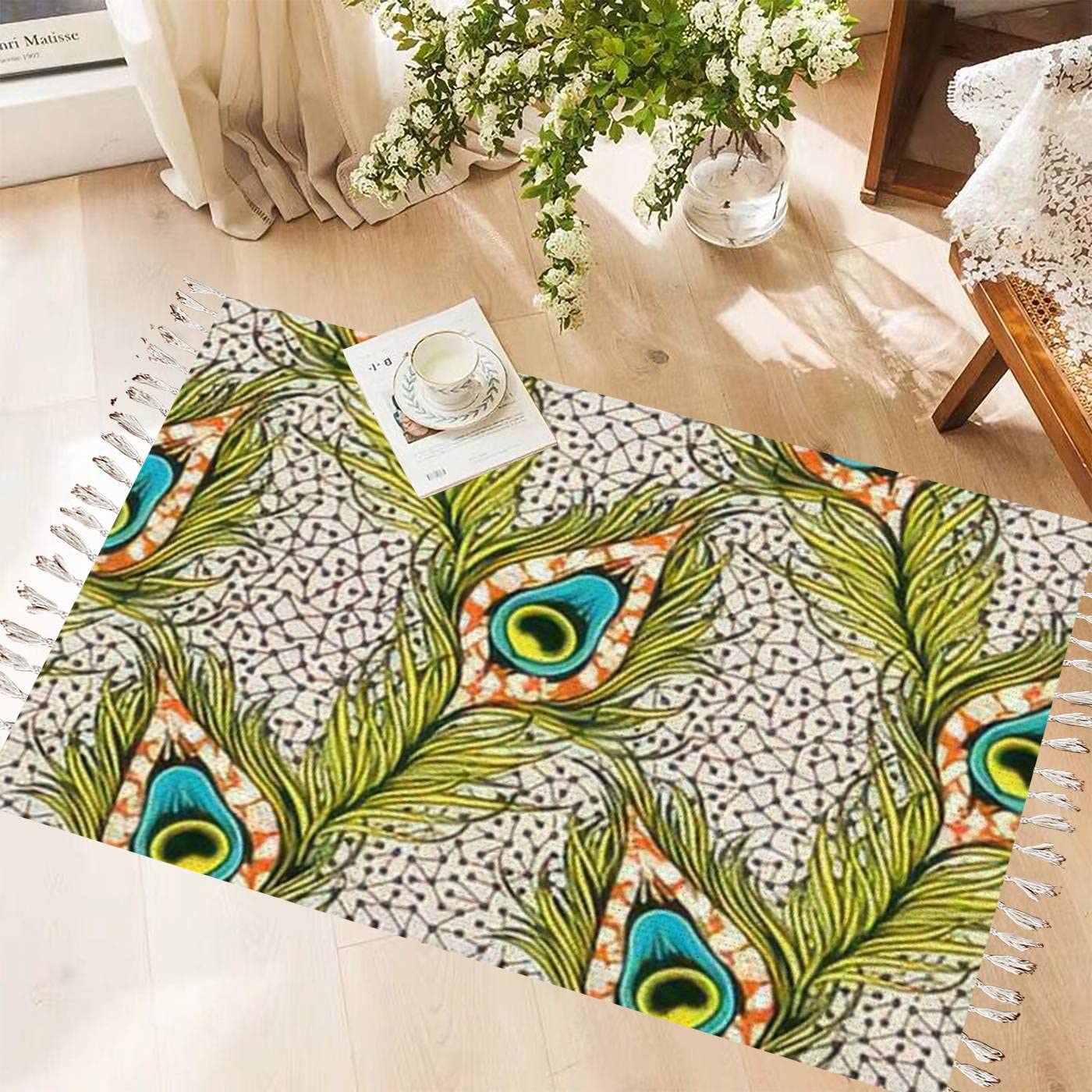 Vintage Cotton & Linen Tassel Rug with Peacock Tail Design - Seamless Boho African Pattern in Vibrant Colors | Washable Woven Area Rug for Kitchen, Bathroom Decor, Living Room & Outdoor Use