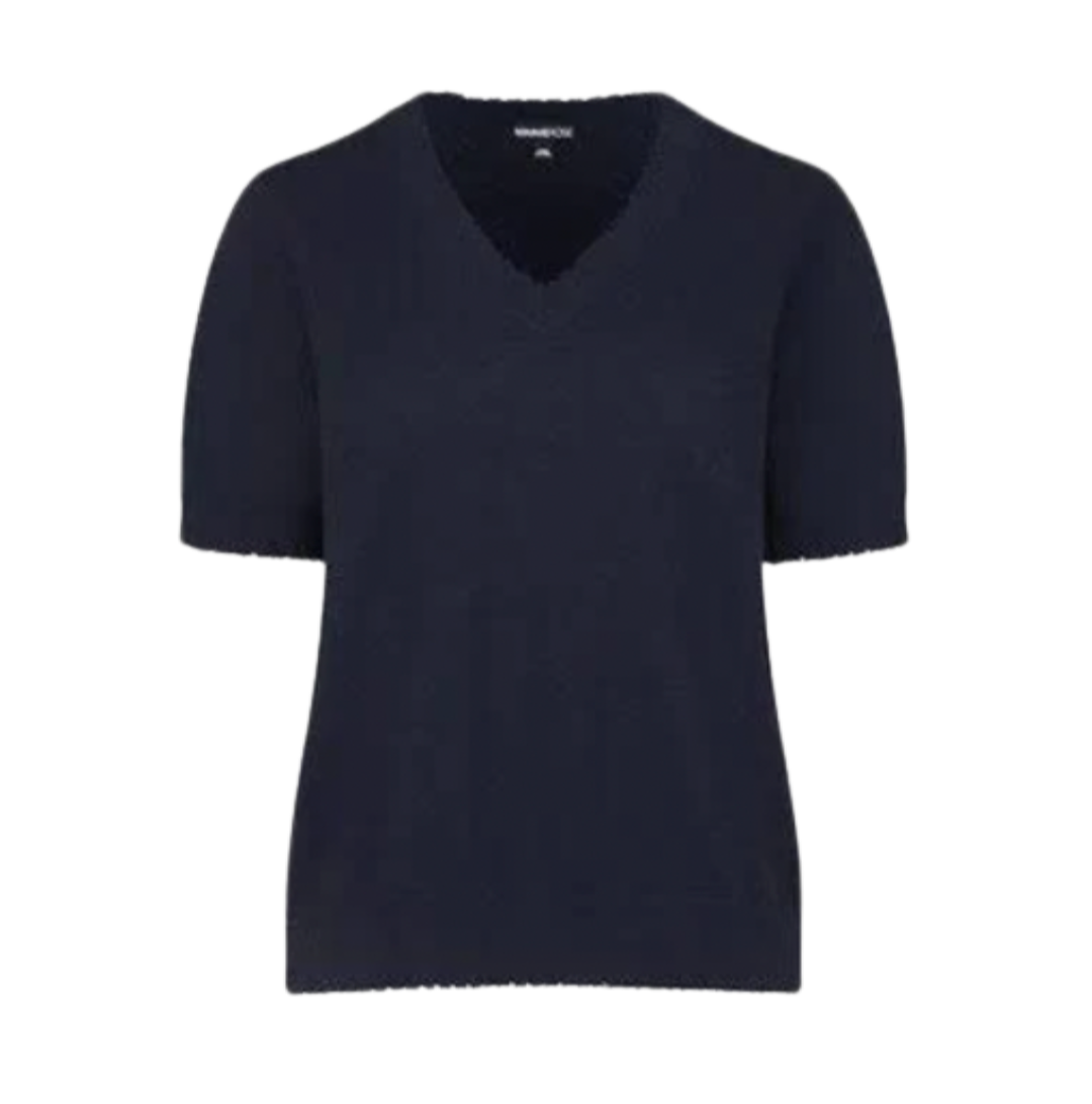 Minnie Rose Women's Short Sleeve V-Neck Frayed Edge Sweater - Casual Summer Knit Top for Beach, Date Night & Office Wear