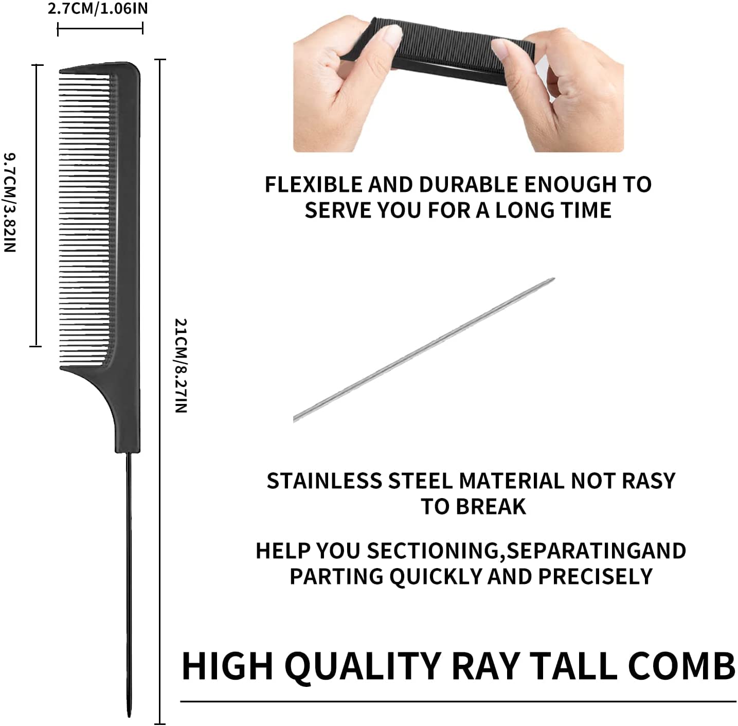 3-Piece Hair Styling Comb Set - Teasing Brush, Rat Tail Comb & Edge Brush for Smoothing, Styling & Detangling - Perfect for Women's Hair Care & Salon Use (Black) - Great for Updos, Ponytails & Edge Control