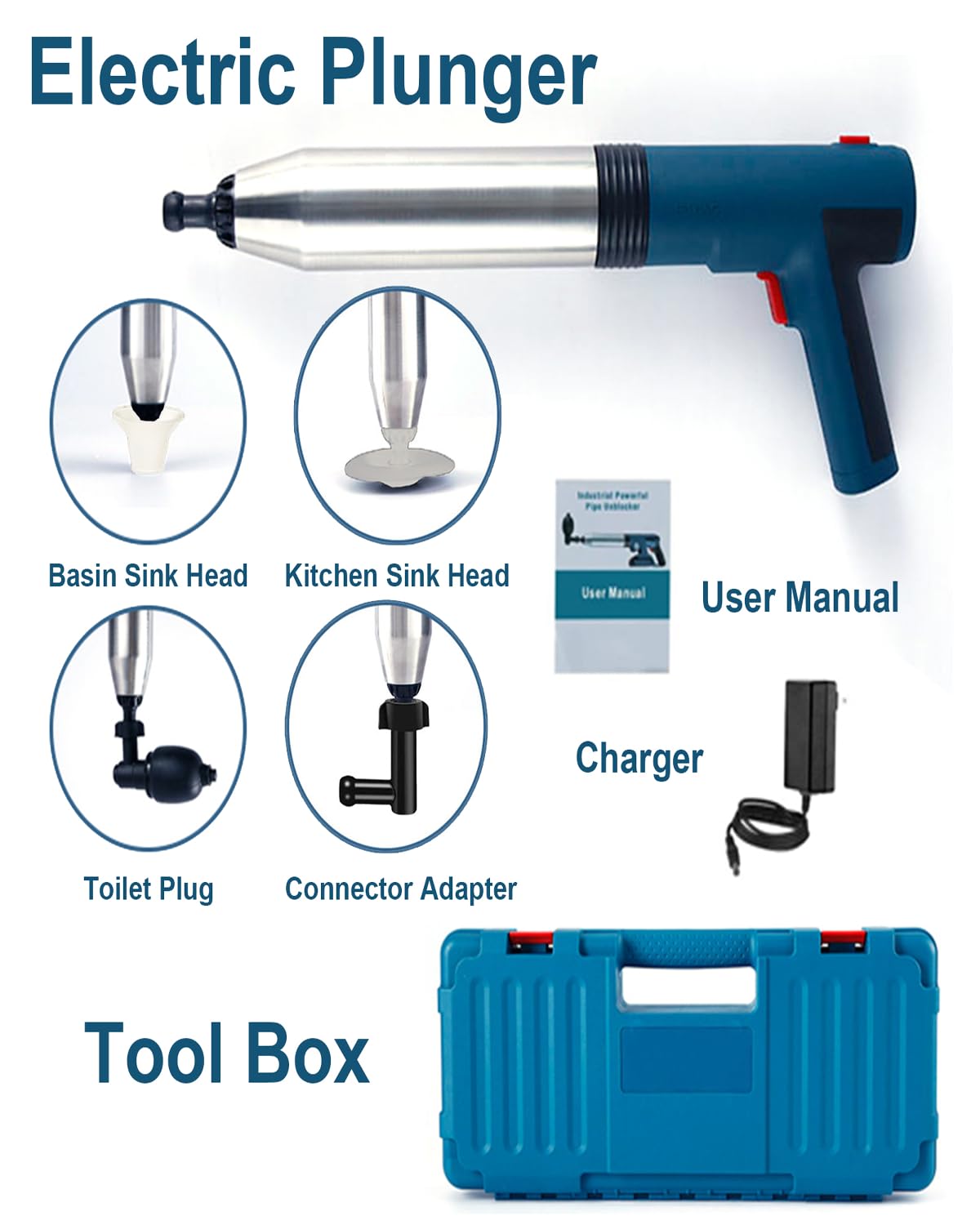 Electric Toilet Plunger with High Pressure Air Pump - Heavy Duty Drain Clog Remover Tool with Built-In Battery - Powerful Air Drain Blaster for Toilets, Sink, Bathtubs & Floor Drains (Blue) - Perfect for Home, RV & Commercial Plumbing Emergencies
