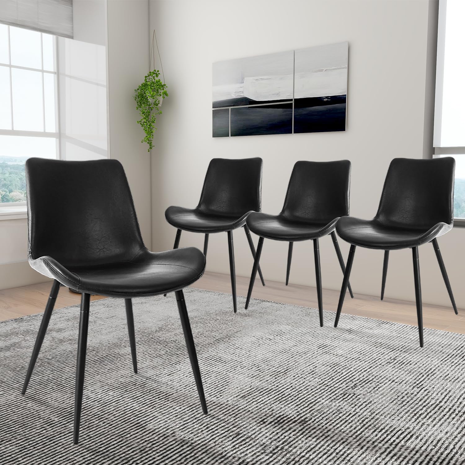 Modern Black Faux Leather Dining Chairs Set of 4 - Armless Upholstered Kitchen Side Chairs with Soft Backrest & Sturdy Metal Legs for Dining Room, Living Room, Office, Restaurant | Comfortable Seating for Family Meals, Entertaining Guests & Home Decor