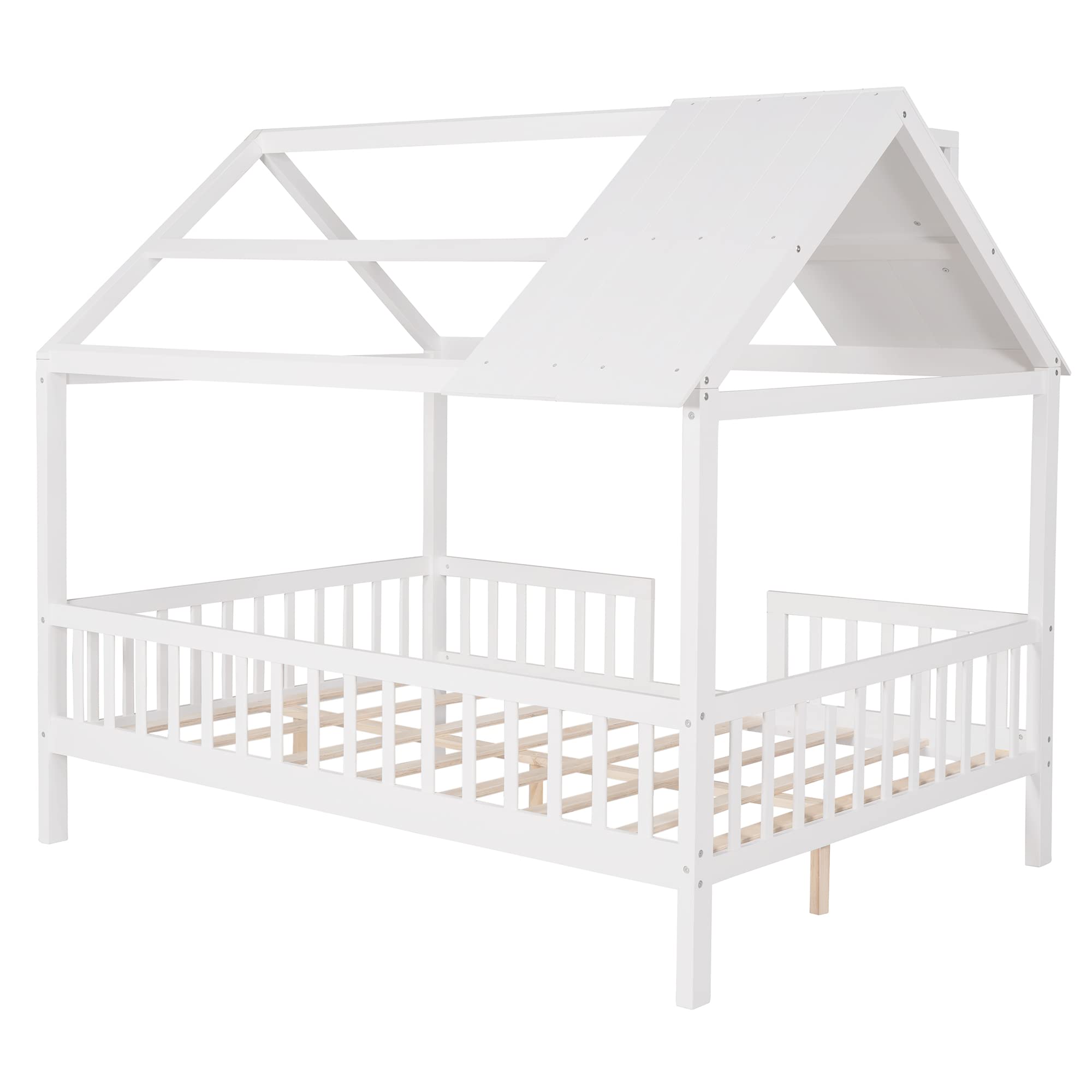 **Full Size Wooden Playhouse Bed with Safety Fence - No Box Spring Needed - Sturdy Kids Bed Frame for Playroom, Bedroom, or Nursery (White)**