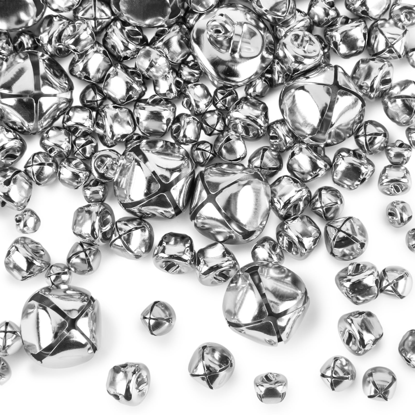 VGOODALL 250PCS Bulk Jingle Bells for Crafts - Assorted Sizes (5mm-12mm) Silver DIY Craft Bells for Christmas Decorations, Holiday Ornaments, Wreath Making & Home Decor Projects