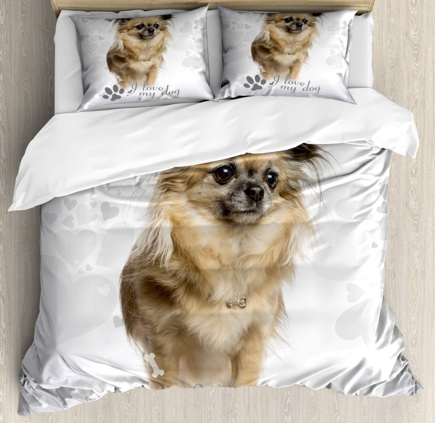 Ambesonne Chihuahua Duvet Cover Set - Dog Lover 3-Piece Bedding with Paw Print Design & Pet Photo - Queen Size Sand Brown Grey - Perfect for Pet Owners & Dog-Themed Bedrooms
