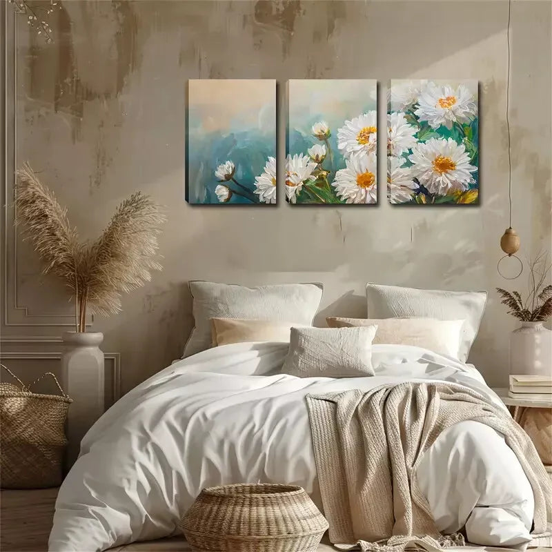 3-Piece Romantic White Chrysanthemum Wildflower Wall Art Set - Framed Canvas Prints 40x60cm (16x24 inches) | High Quality Australian Made Wall Decor | Perfect for Living Room, Bedroom & Office Decor