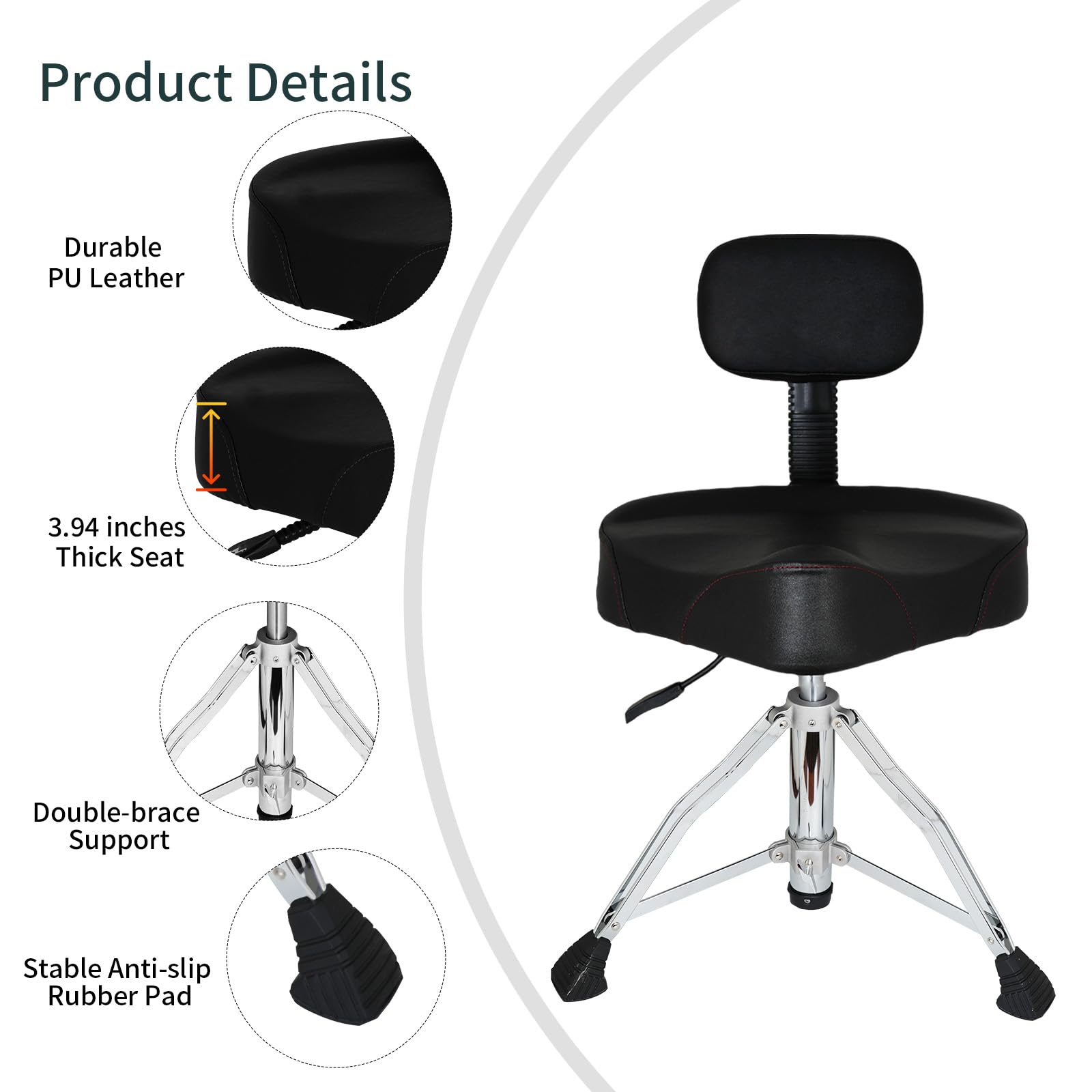 Heavy Duty Adjustable Hydraulic Drum Throne with Backrest - Motorcycle Style Drum Stool for Adult Drummers | Perfect for Drum Kits, Practice Sessions & Live Performances
