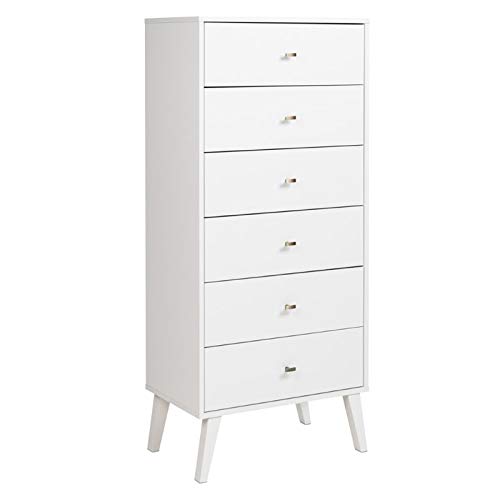 Prepac Milo Mid Century Modern Tall Chest - 6-Drawer Dresser in White | Vintage Style Bedroom Storage Furniture for Clothes & Accessories