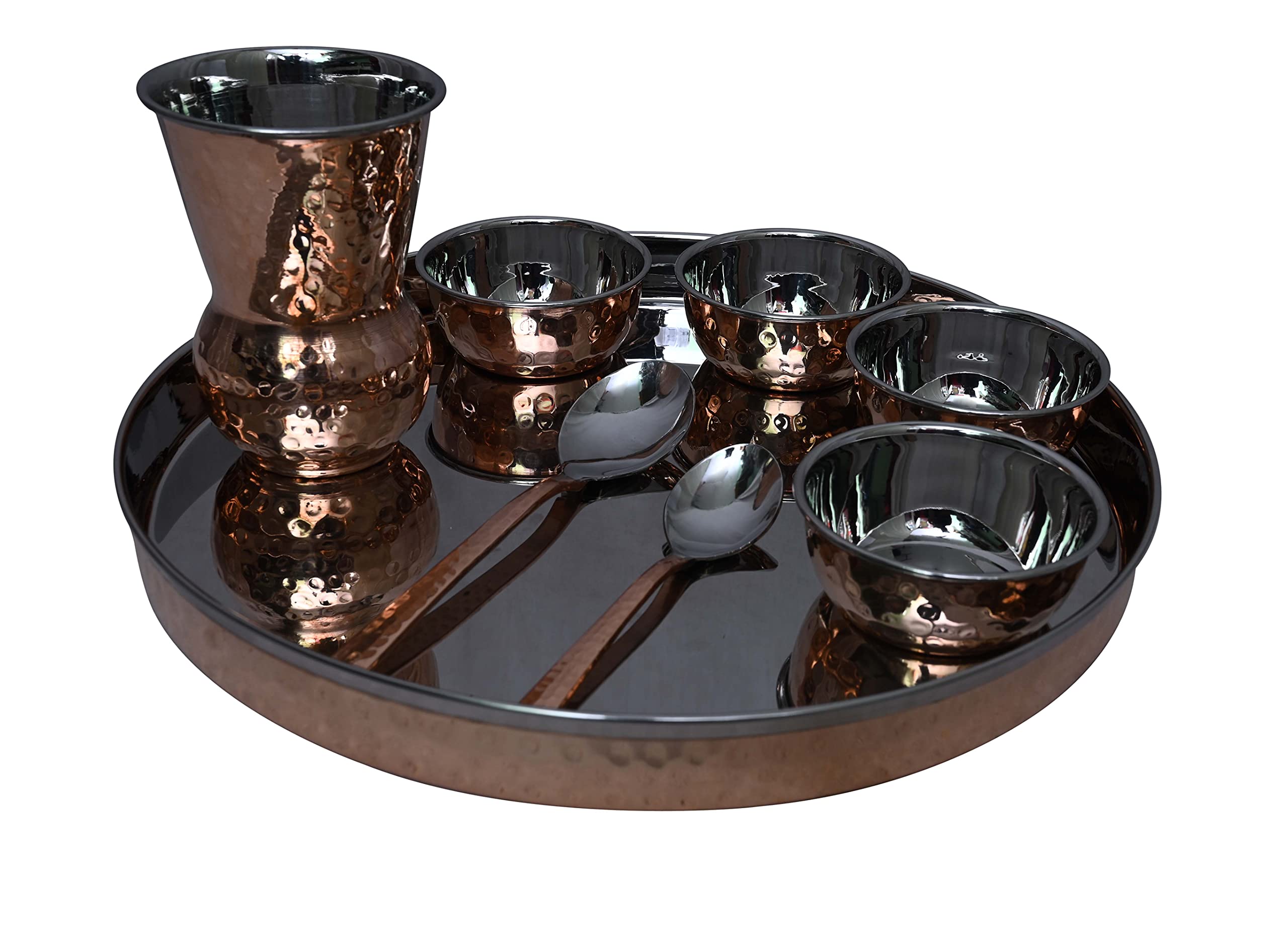 4-Piece Stainless Steel & Copper Traditional Thali Dinnerware Set - 12-Inch Plate, Bowls, Glass & Spoon | Indian Cuisine Serving Set for Home, Restaurants & Festive Occasions