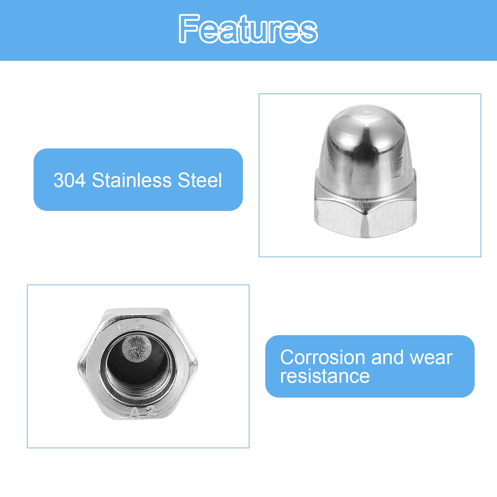 uxcell M8x1.25 Acorn Cap Nuts, 30Pcs 304 Stainless Steel Dome Cap Head Nuts for Bolt Cover - Rustproof Hardware Fasteners for Automotive, Furniture & DIY Projects (Silver Finish)