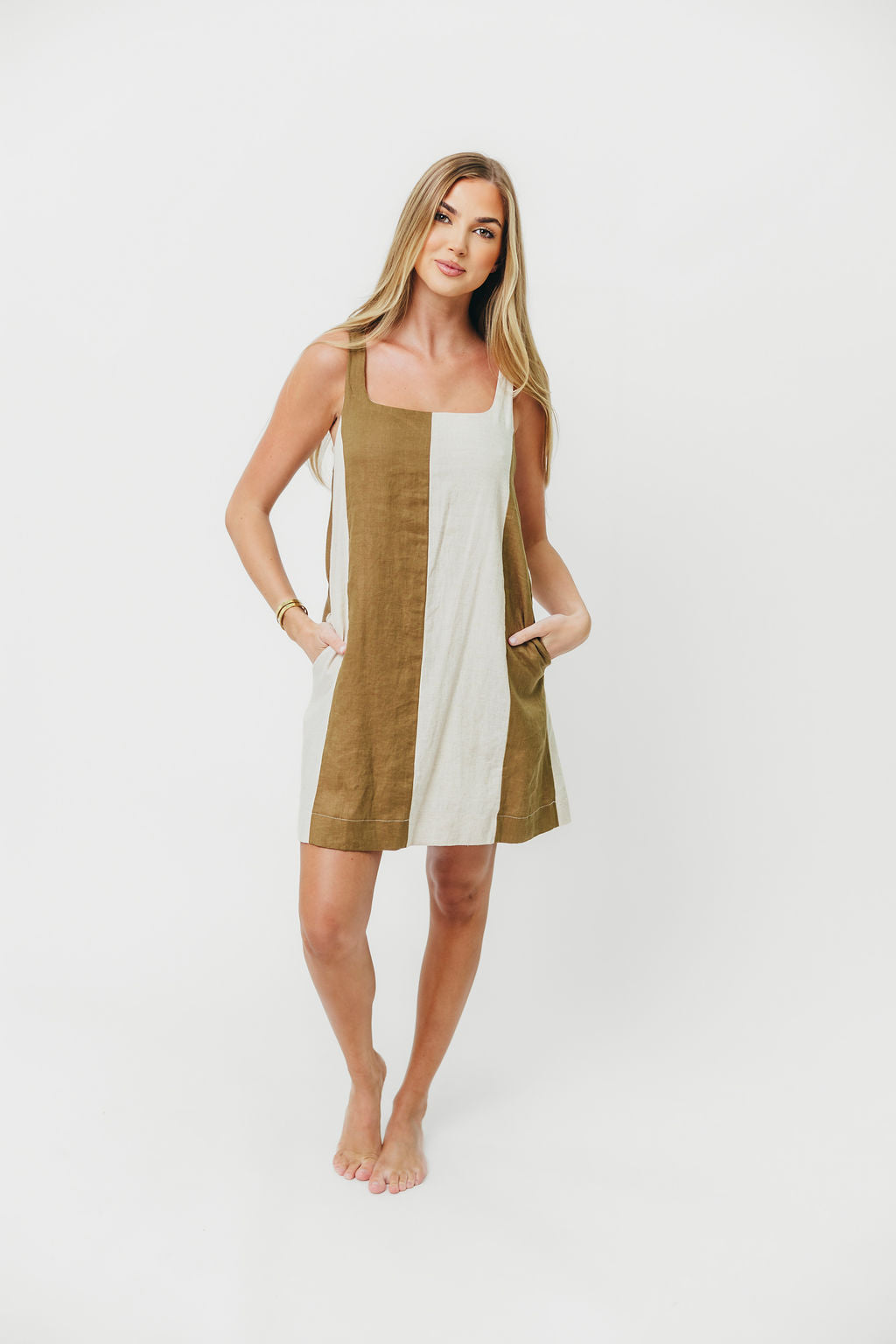 100% Linen Color Block Mini Dress - Olive & Oatmeal | Kenya Handmade Summer Dress for Beach, Vacation & Casual Wear