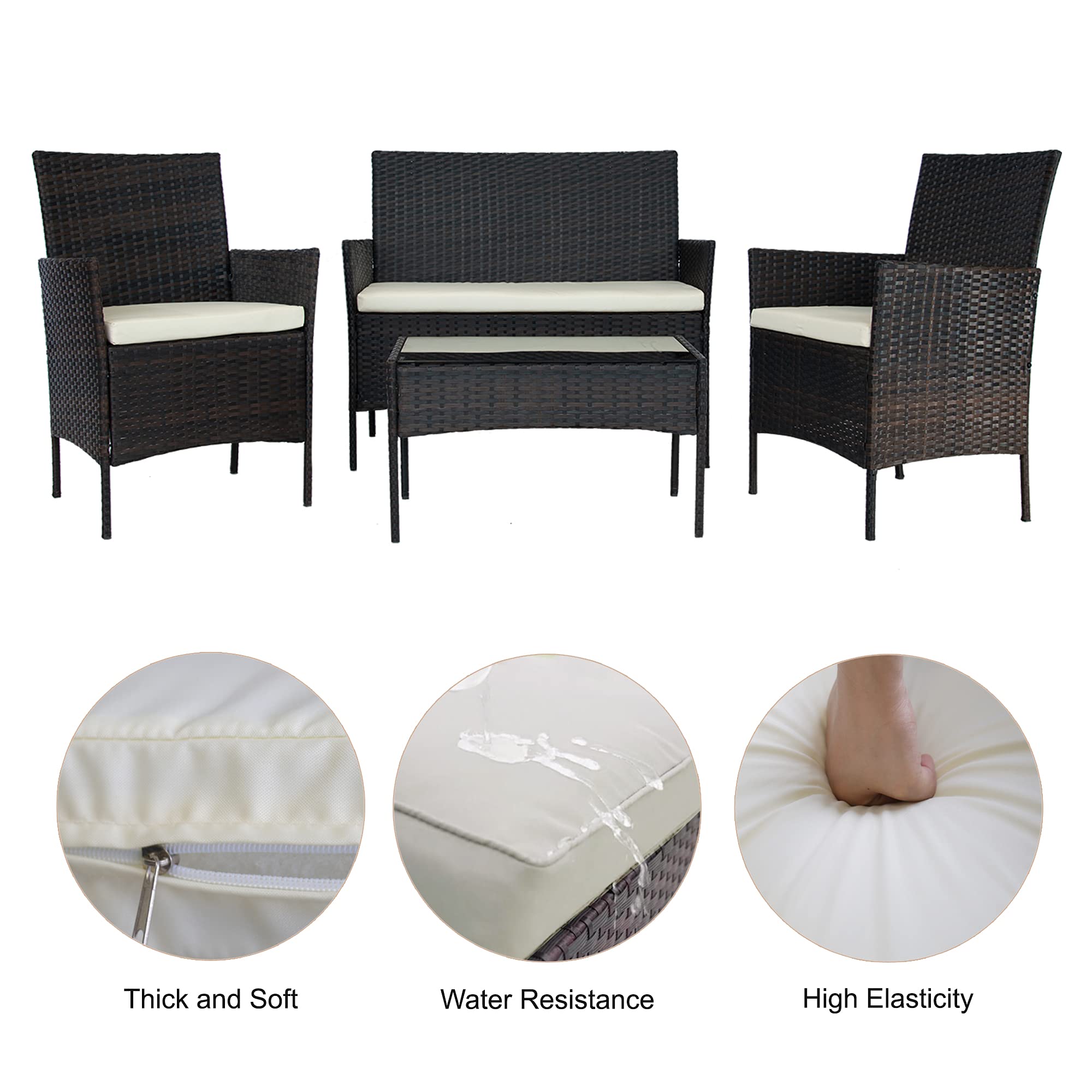 3-Piece Outdoor Wicker Patio Furniture Set - PE Rattan Sofa Chairs with Washable Cushions & Tempered Glass Tabletop - Brown - Perfect for Garden, Porch, Backyard and Poolside Relaxation