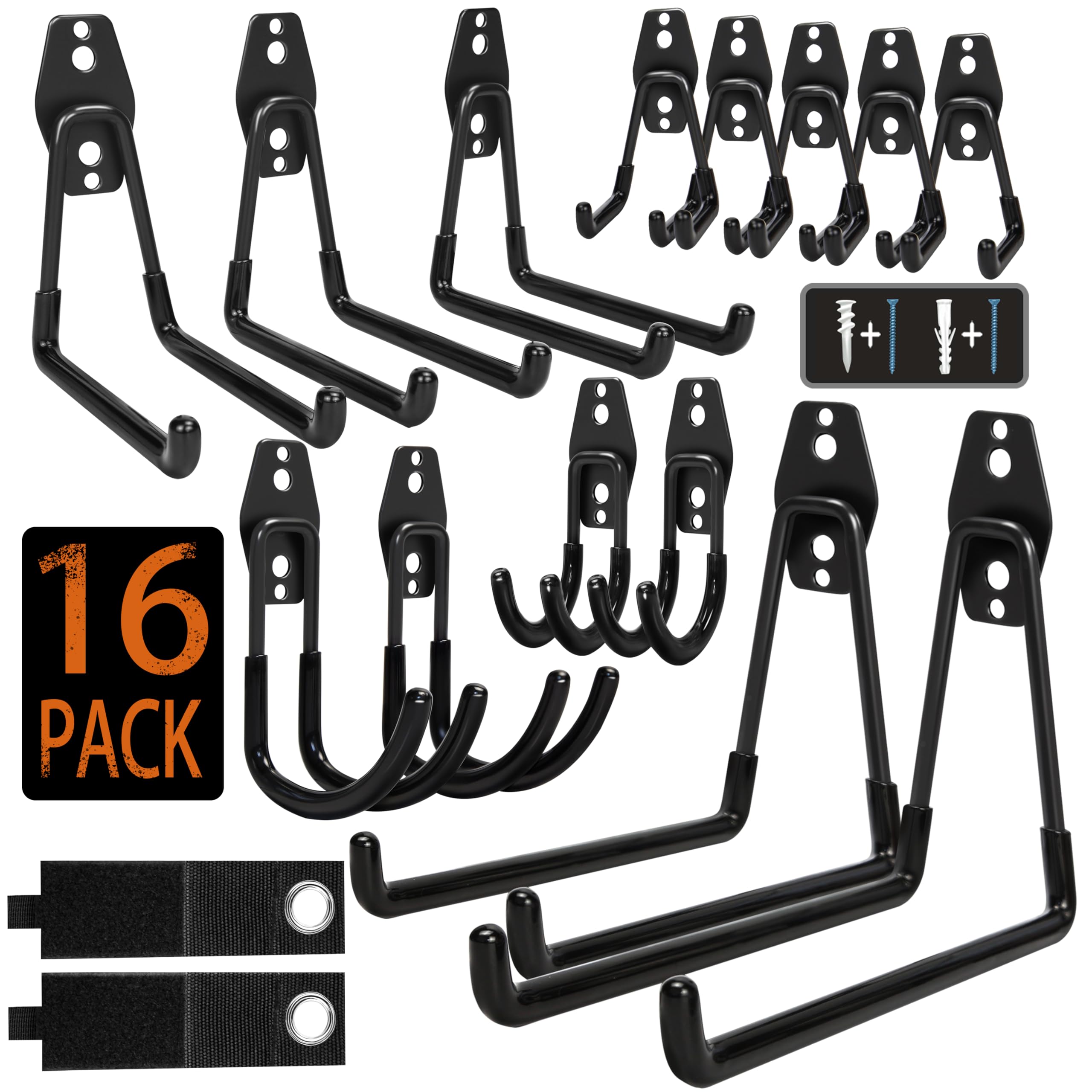 Heavy Duty Steel Garage Storage Hooks - 16 Pack with Anti-Slip Coating, Wall Mount Hooks for Bike, Ladder & Garden Tools Organization - Perfect for Garage, Shed, Workshop & Home Storage Solutions
