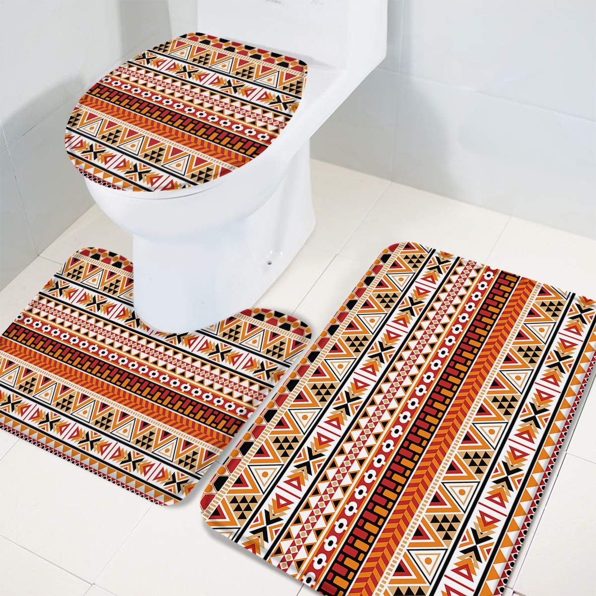 LooPoP 3-Piece Non-Slip Bathroom Rug Set with Rubber Backing - Native American Geometric Tribal Decor for Kids & Adults - Perfect for Bathroom, Shower, and Laundry Room Safety