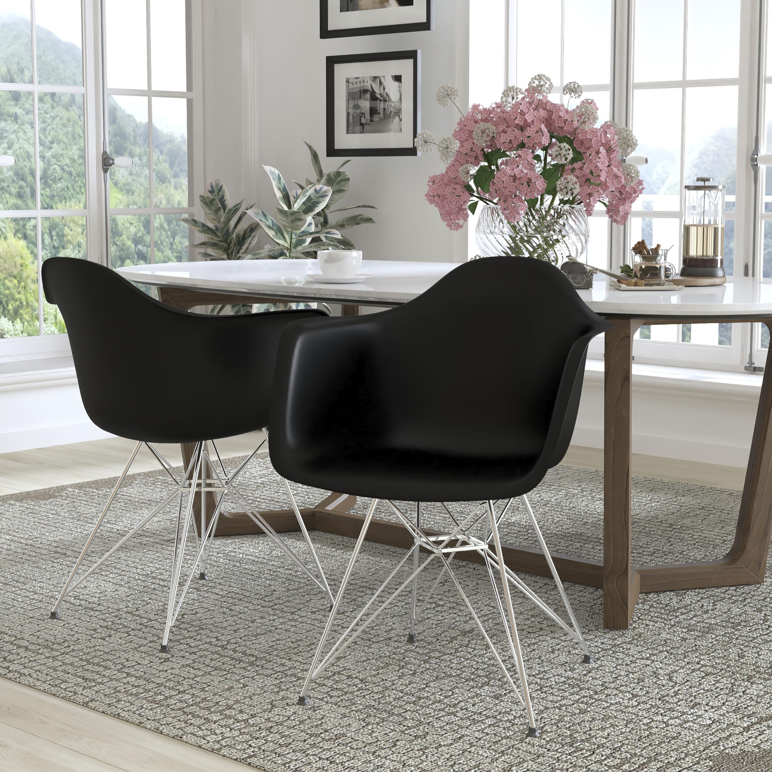 2 Pack Black Plastic Arm Chairs with Chrome Base - Modern Accent & Side Chairs for Dining Room, Kitchen, Office or Outdoor Patio