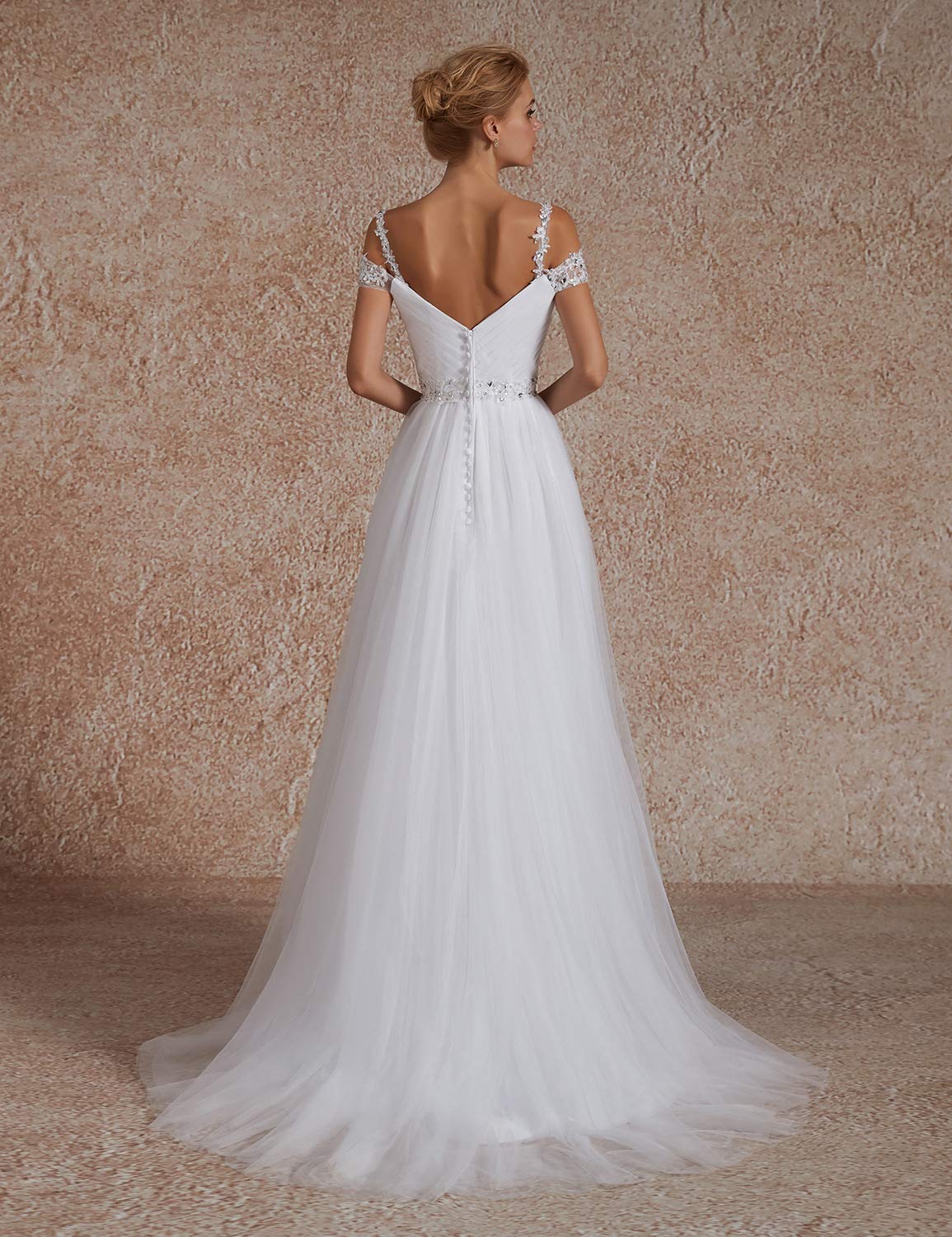 Elegant A-Line Off Shoulder Beaded Wedding Dress for Bride - 2019 Style 102WD | Perfect for Beach, Church & Garden Weddings