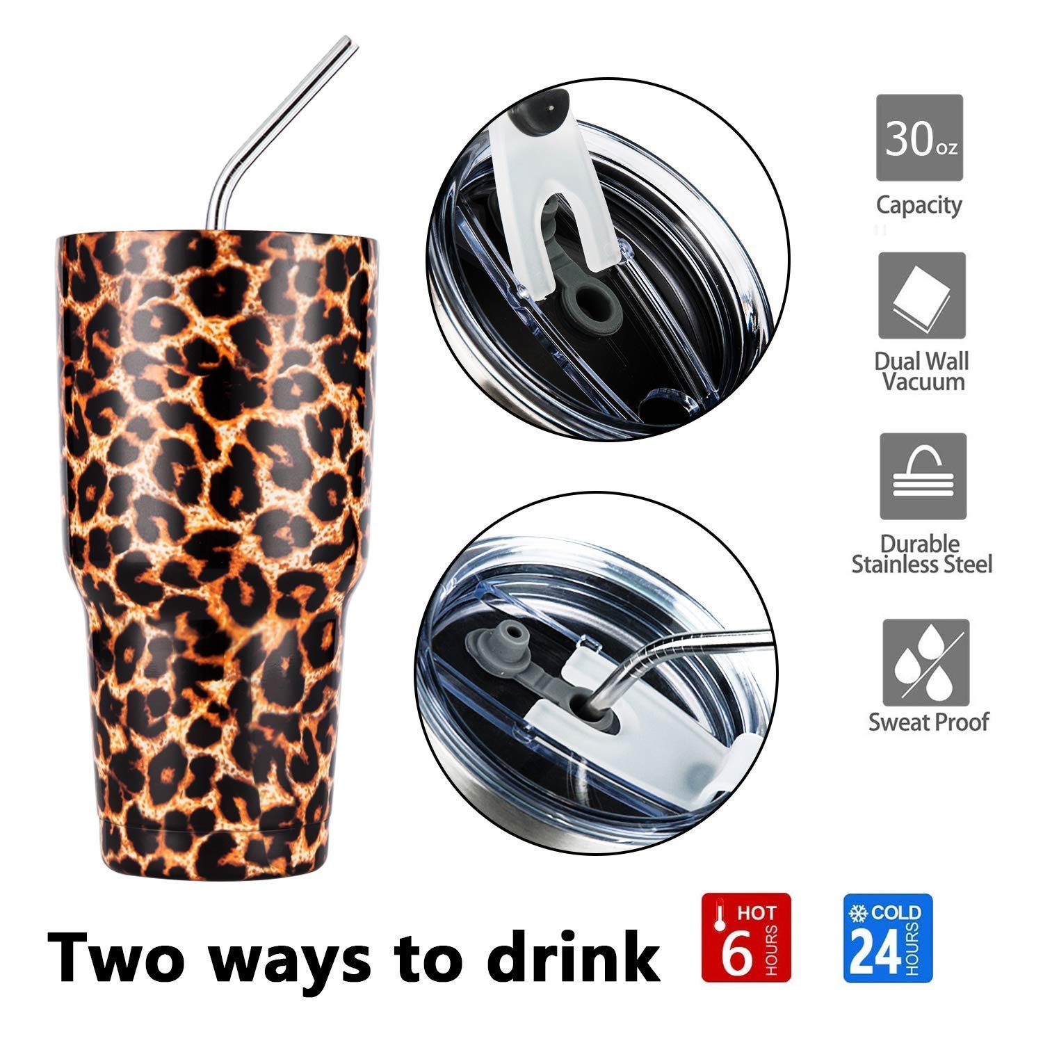 30oz Leopard Print Stainless Steel Tumbler with Straw & Cleaning Brush - Insulated Travel Mug for Hot & Cold Drinks - Perfect for Gym, Office, Hiking and Outdoor Activities