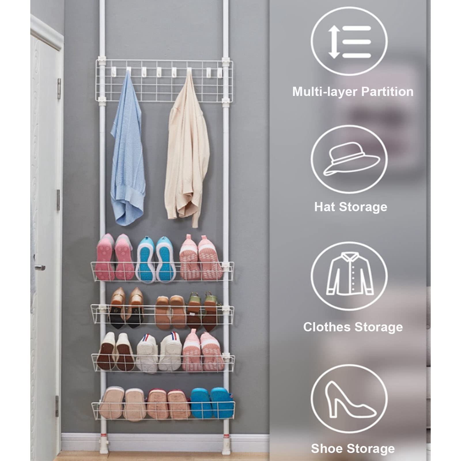 Adjustable 4-Tier Coat Rack & Shoe Organizer with 8 Hooks - 2-in-1 Metal Standing Behind Door Storage Stand for Hallway, Entryway, Foyer - White (55cm/98x114 inches) - Perfect for Small Spaces & Apartment Living