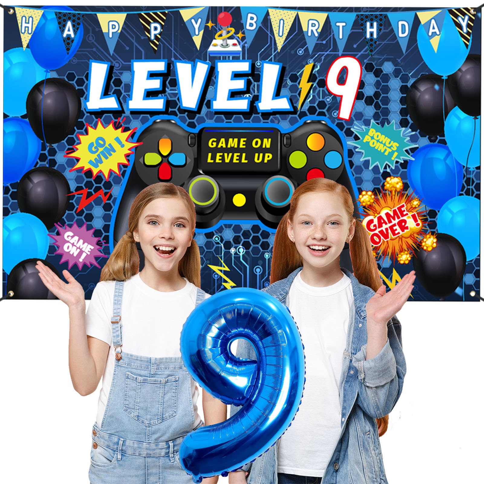Vlipoeasn 90PCS Blue Video Game Party Decorations Set for Boys - 9th Birthday Party Supplies with Backdrop, Balloons & Tablecloth - Perfect for Gamer Themed Birthday Parties, Gaming Events & Kids Celebrations