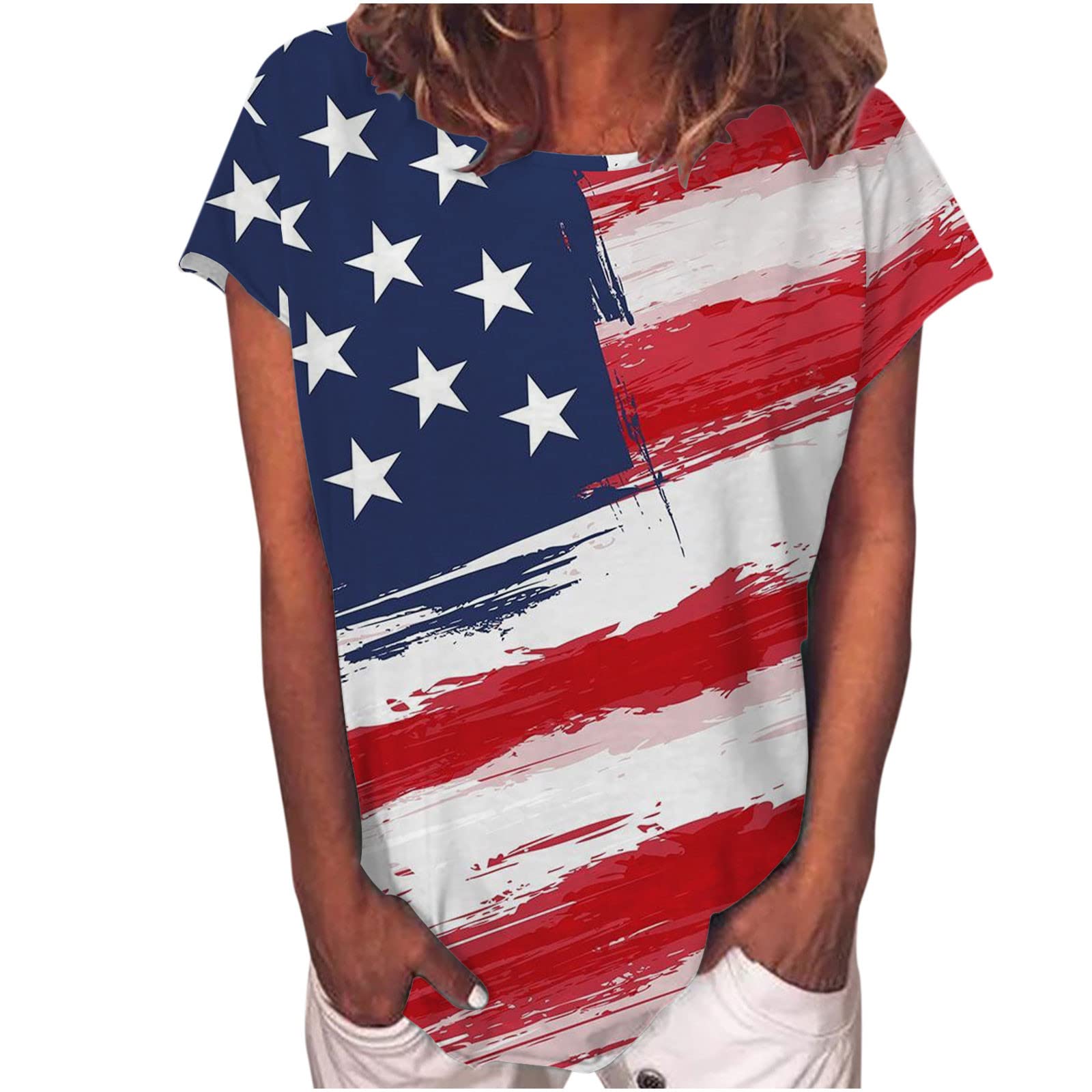 Women's Patriotic 4th of July T-Shirt - Red White Blue Star Stripe Short Sleeve Crewneck American Flag Top | Perfect for Summer BBQs, Independence Day Celebrations & Casual Outfits
