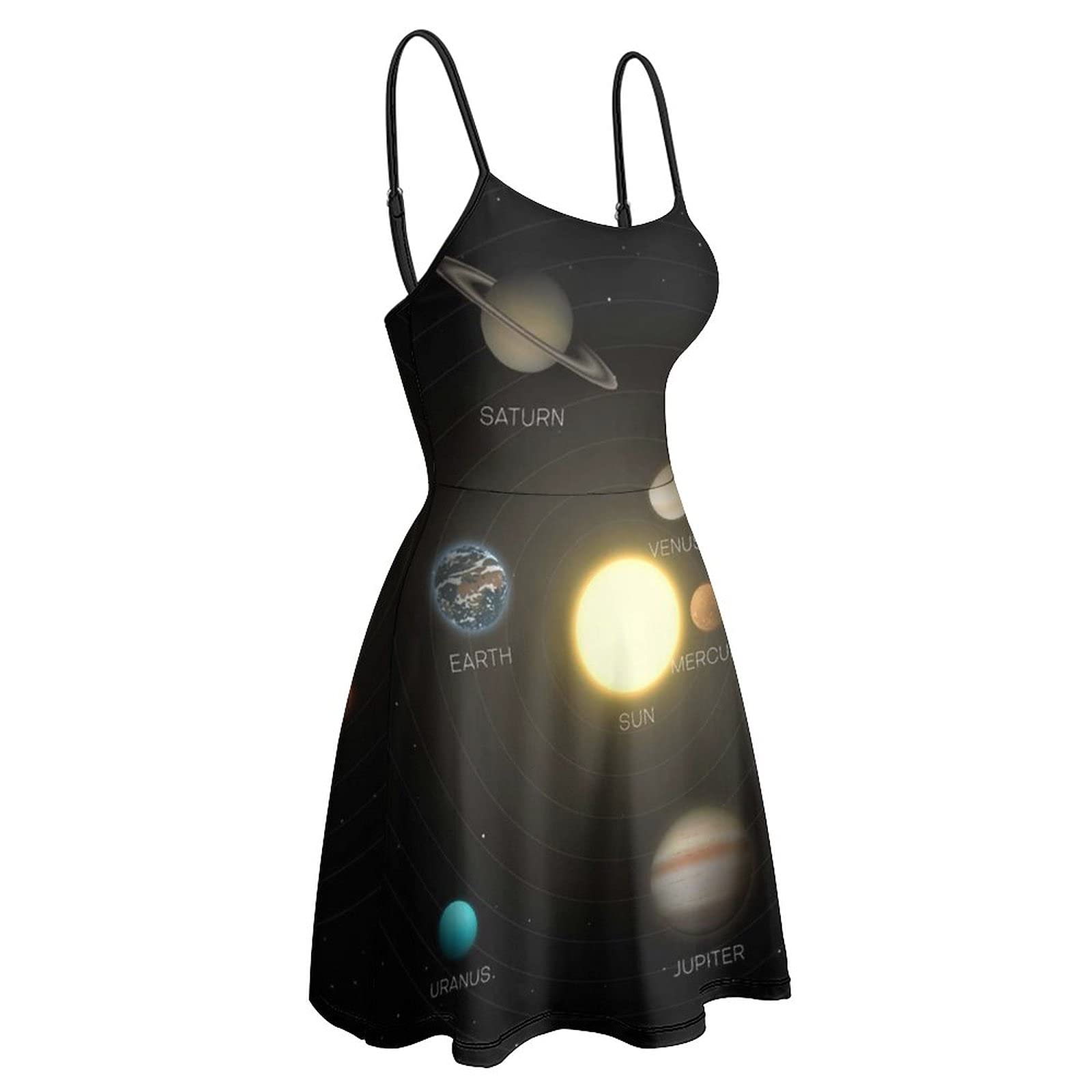 Solar System & Planets Women's Sling Beach Sundress - Casual Swing Tank Dress Sleeveless T-Shirt Dress for Summer Vacation, Pool Party & Boho Fashion