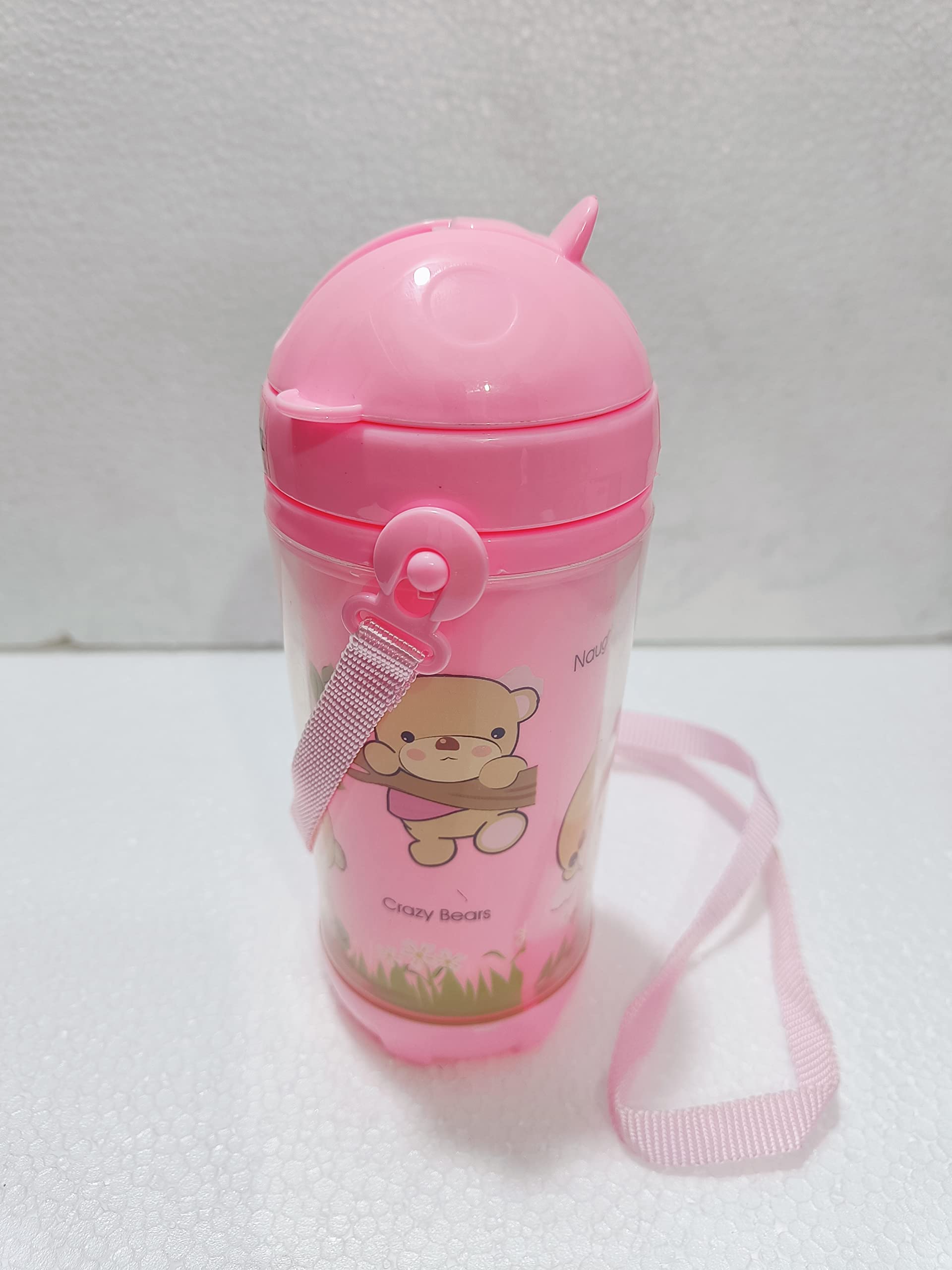 PUTHAK Cute 500ml Kids Water Bottle with Straw - BPA Free, Leak Proof Flip Top Lid, Silicone Sipper & Soft Carry Neck Strap - Cartoon Printed Pink Bottle for Girls & Boys - Perfect for School, Travel, Sports & Outdoor Activities