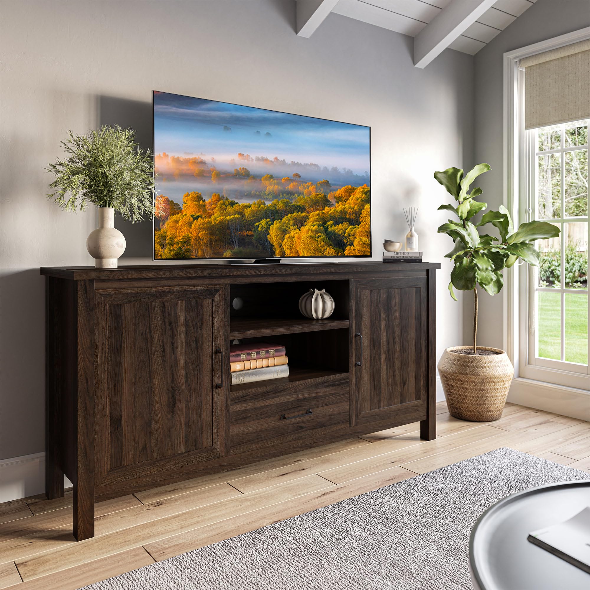 BELLEZE 60 Inch Modern Farmhouse TV Stand Entertainment Center for 65 Inch TVs, Dark Walnut Buffet Storage Cabinet with Shelves - Perfect for Living Room, Bedroom & Home Theater Setup