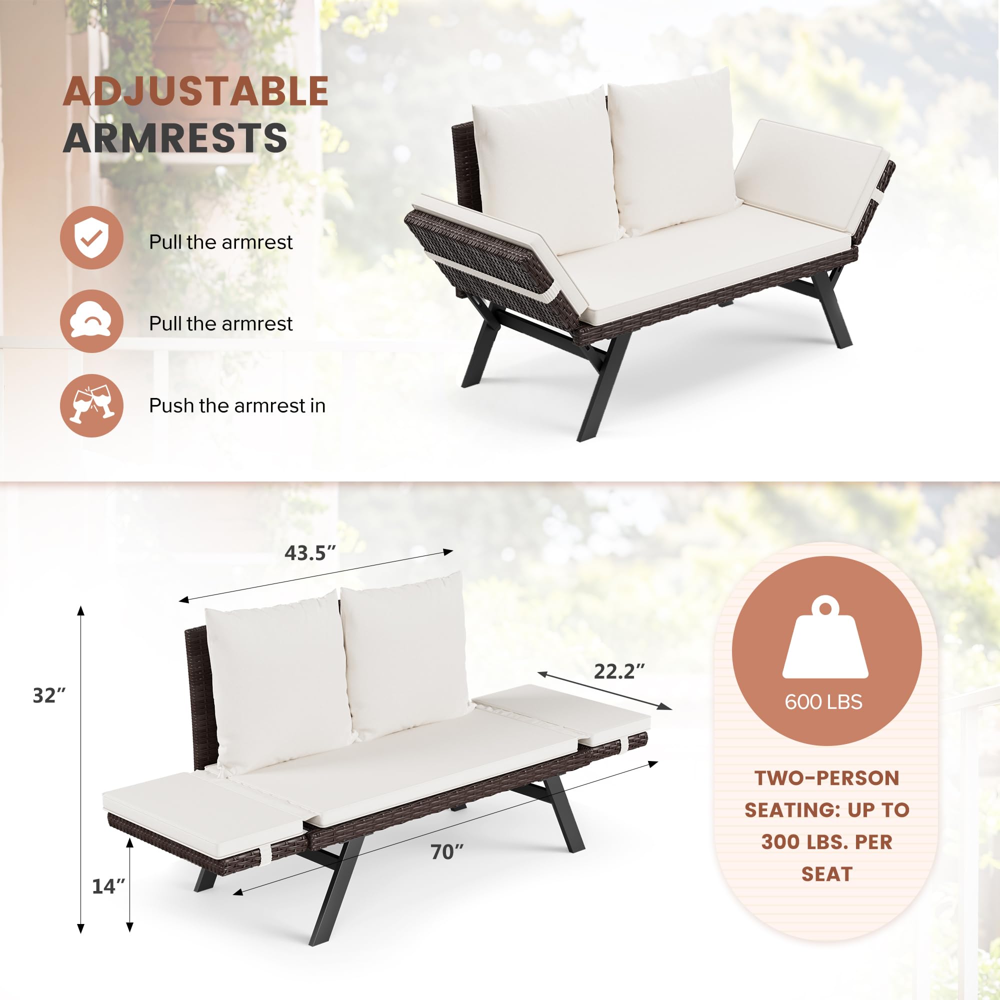 Outdoor Convertible Sofa Bed - Adjustable Rattan Woven Sun Lounger with Removable Cushions & Pillows - Patio, Poolside, Garden Furniture for Relaxation (Brown Frame & Beige Cushions) | Perfect for Backyard, Deck, Beach House or Vacation Rental