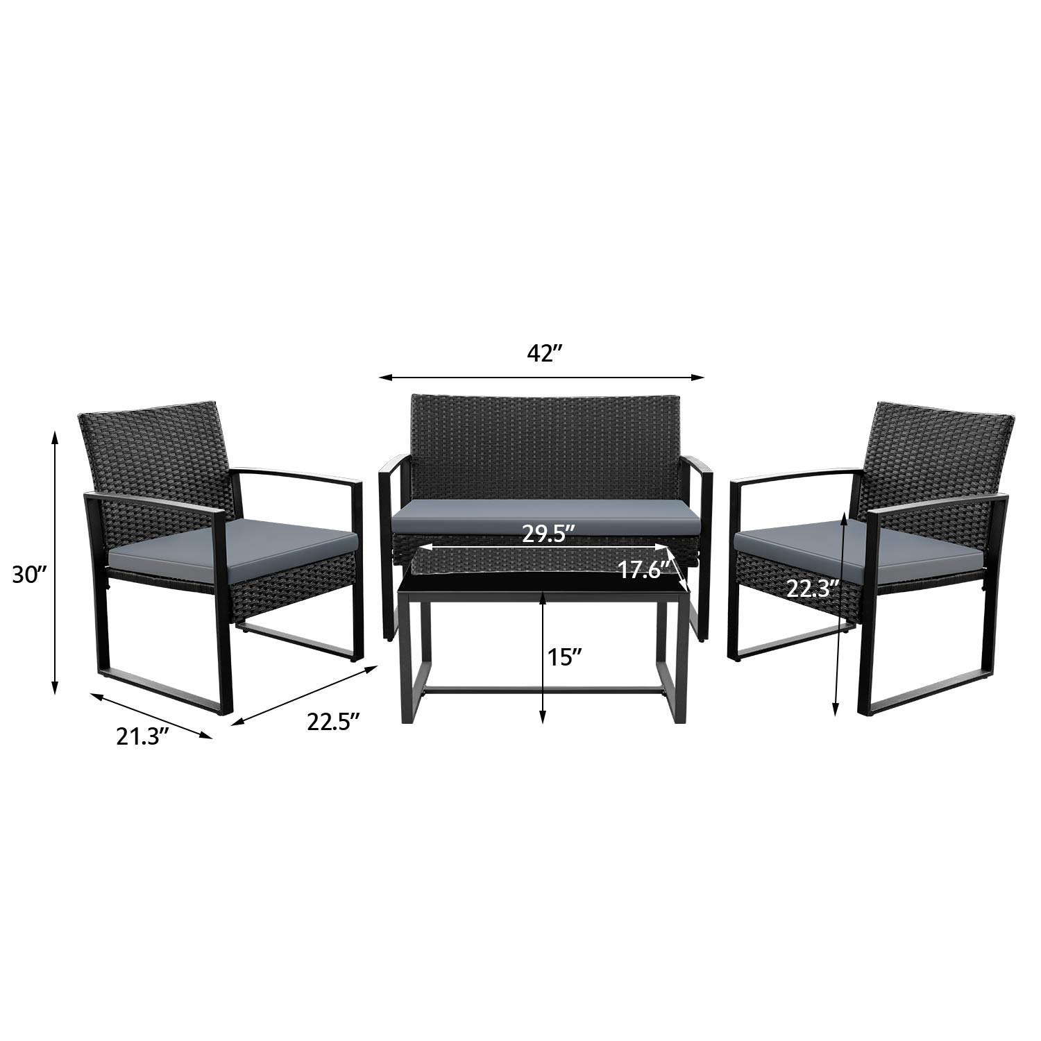 **JUMMICO 4-Piece Outdoor Patio Set - Modern Rattan Chairs with Cushions & Metal Table - Bistro Conversation Set for Garden, Balcony, Poolside (Grey) - Perfect for Relaxing, Entertaining & Outdoor Dining**