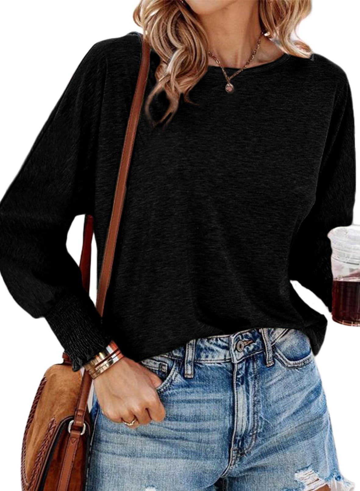 Dokotoo Women's Long Sleeve Batwing T-Shirt 2024 - Oversized Crewneck Casual Top | Loose Fit Basic Tee for Everyday Wear, Work & Weekend Outfits
