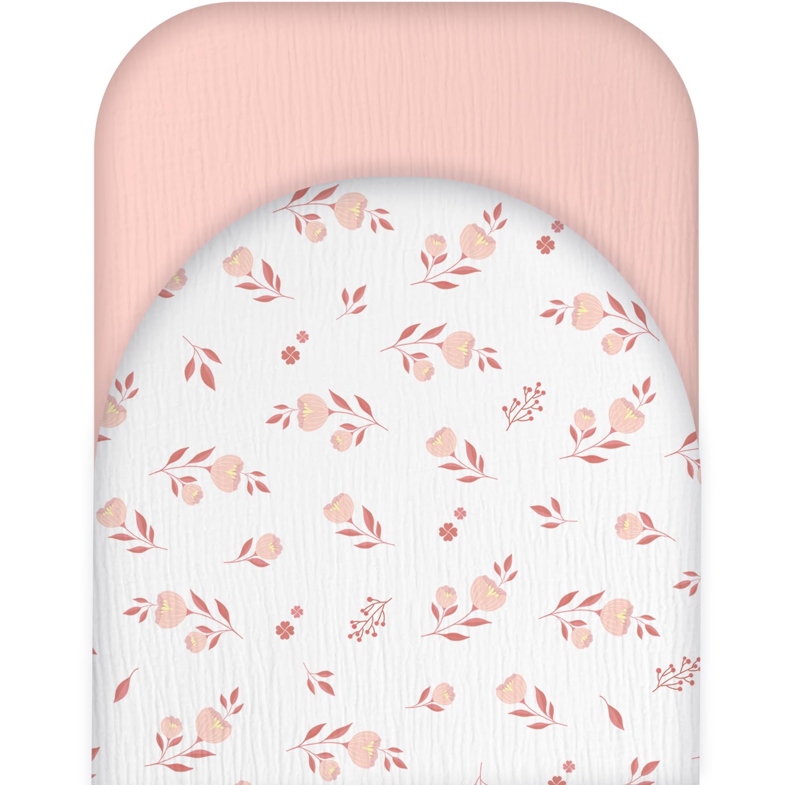Soft 100% Cotton Muslin Bassinet Sheets for Baby Girls - 2 Pack Fitted Crib Sheets for Oval, Rectangle & Hourglass Mattresses (Pink Floral Design) - Perfect for Nursery, Travel & Co-Sleeping