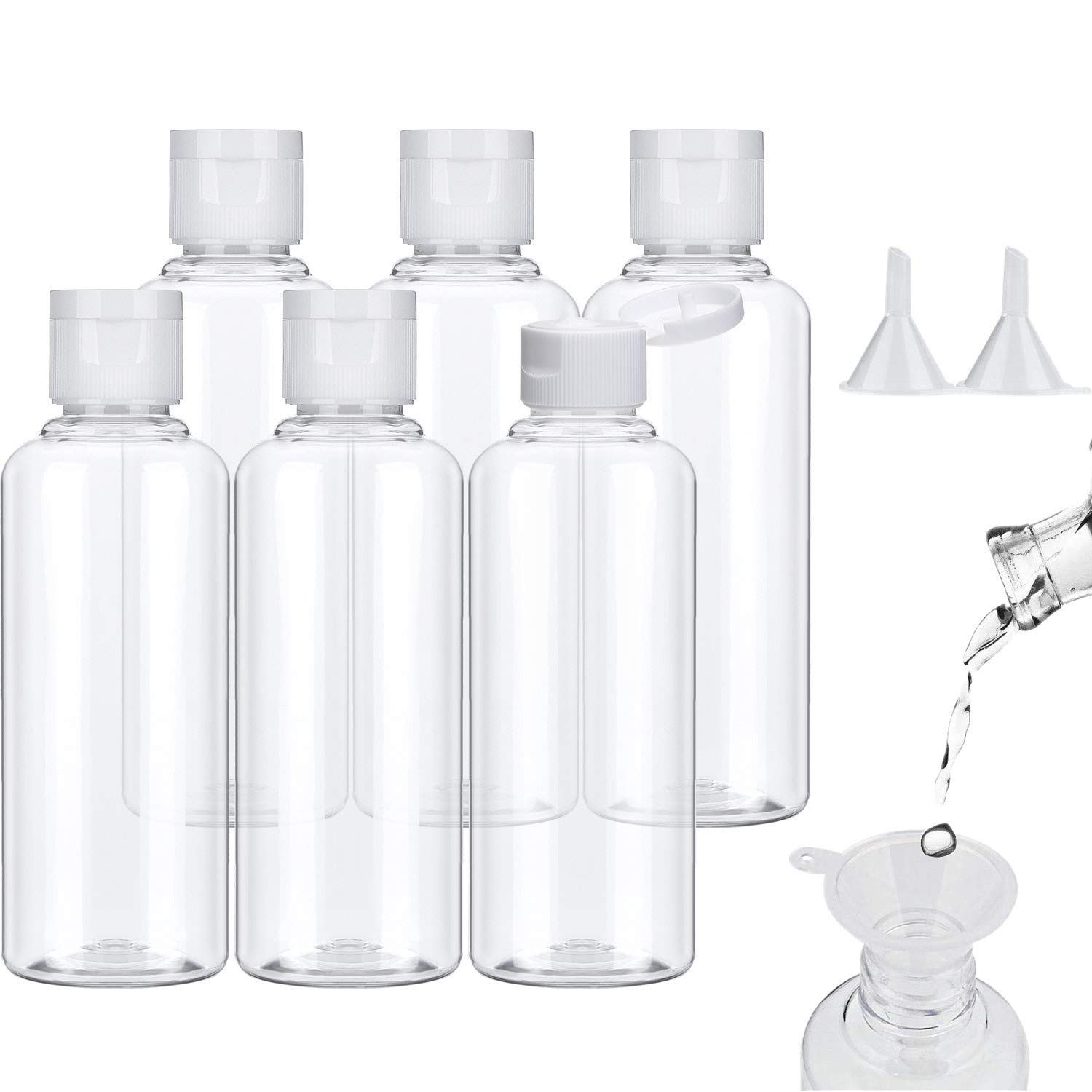 Voarge 6-Pack 100ml Travel Bottles Set with 2 Small Funnels - TSA Approved Leak-Proof Plastic Containers for Shampoo, Lotion & Toiletries - Perfect for Air Travel, Vacation & Carry-On Essentials (Transparent)