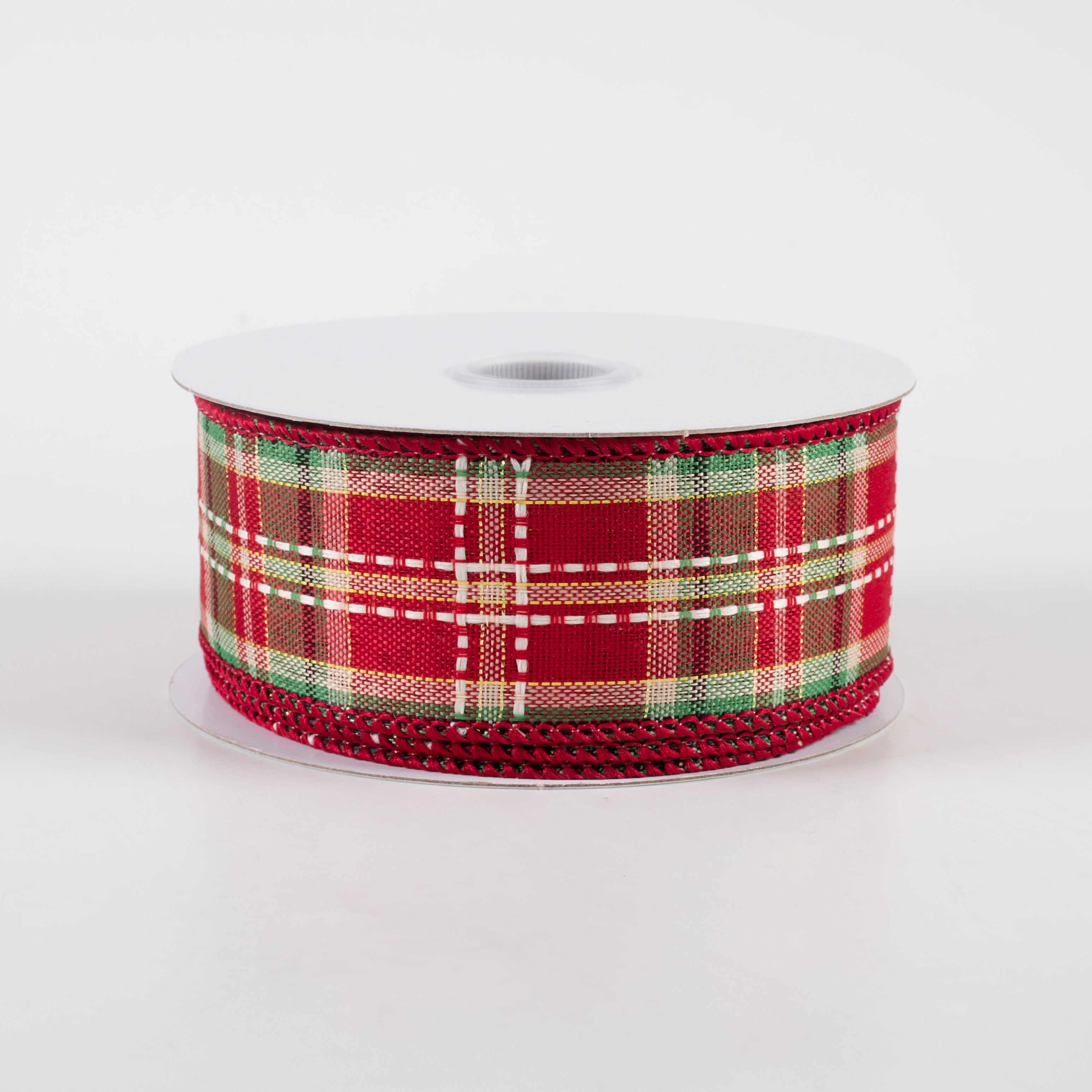 1.5 Inch Dash Stitch Plaid Ribbon - Red, Green, White & Natural Colors - 10 Yards Bulk Roll for Gift Wrapping, Holiday Decorations & DIY Crafts
