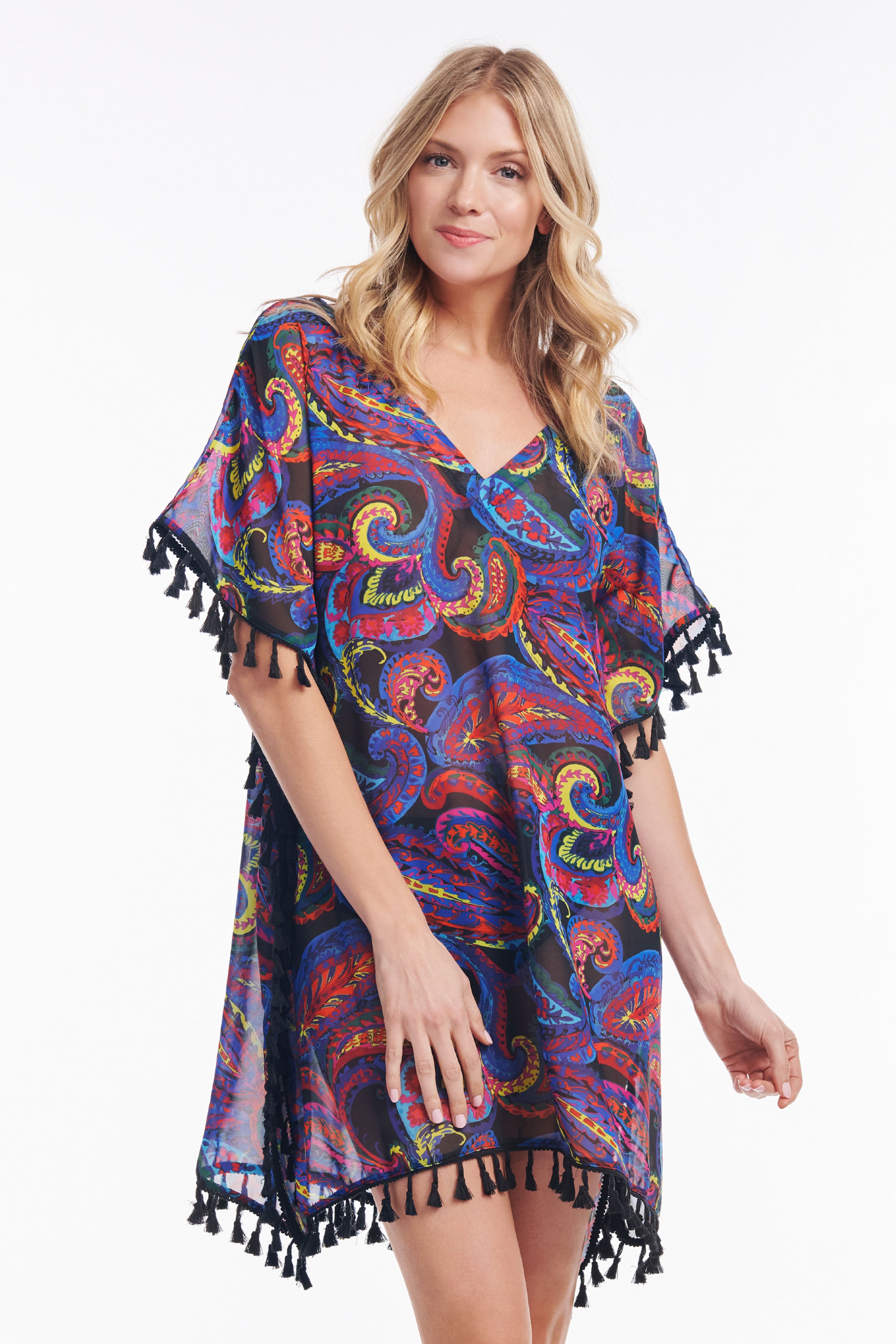 Elegant French Paisley Kaftan Coverup with Tassel Trim - Perfect for Beach, Poolside, and Summer Vacation Outfits