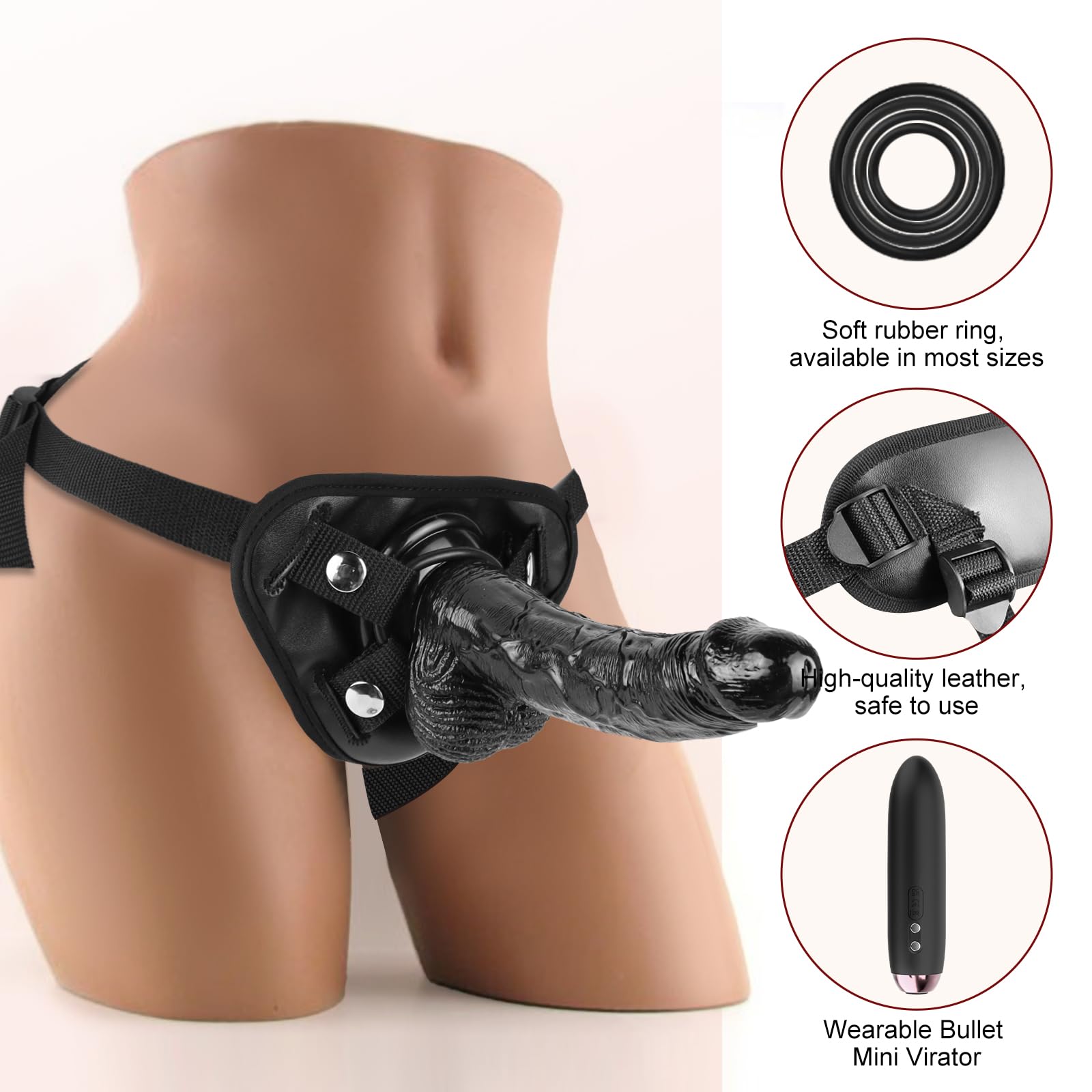 Realistic Strap-On Vibrating Dildo with Bullet Vibrator & Detachable Silicone G-Spot Stimulator - Wearable Harness for Women & Lesbian Couples - Black Adult Sex Toy for Vaginal Massage & Couple Play