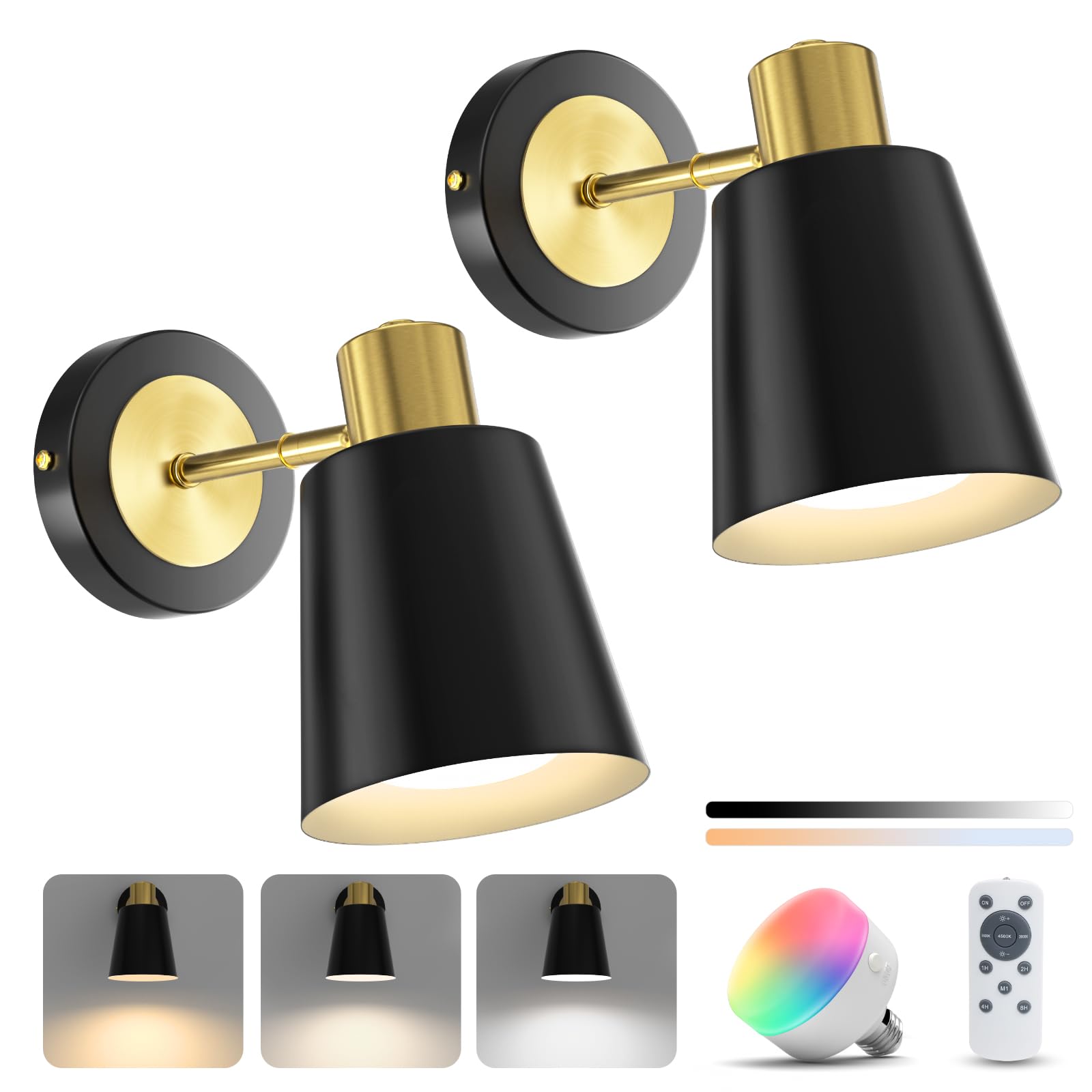NIORSUN 2-Pack Battery Operated Wall Sconces - 10 Color Dimmable LED Lights with Remote Control, Rechargeable Cordless Wall Lights for Bedroom, Living Room, Hallway - Farmhouse Home Decor (Black)
