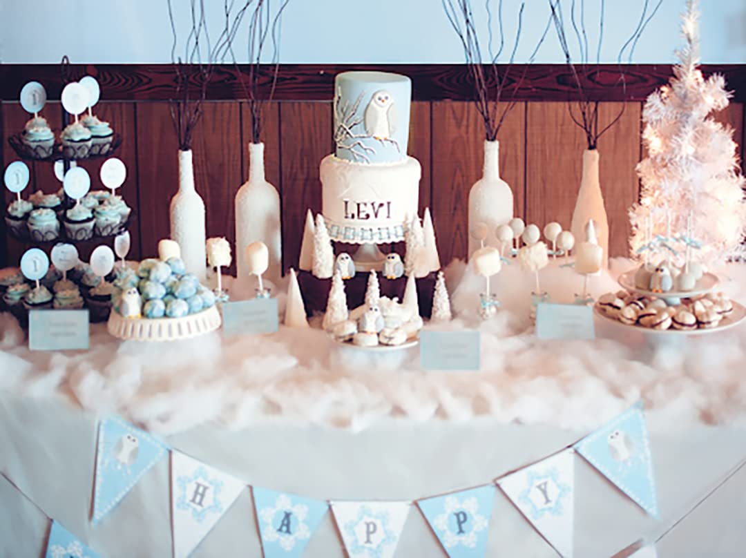 Happy Birthday Banner Snowy Owl Winter Wonderland Party Decorations - Blue Winter ONEderland Birthday Pennant for Winter Wonderland & Snow Themed Parties - Perfect for Baby Showers, Birthdays & Holiday Celebrations