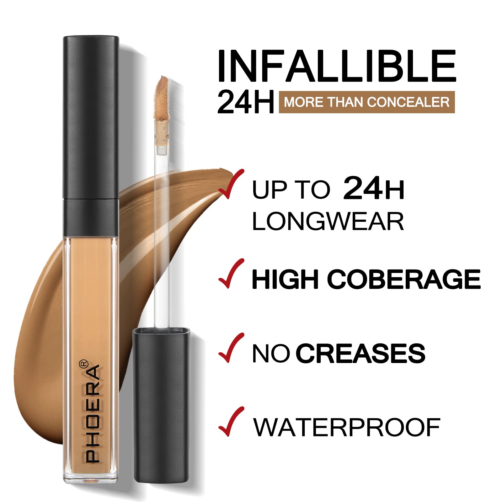 PHOERA Full Coverage Liquid Concealer for Acne, Dark Circles & Tattoos - Hydrating Face Makeup Concealer with High Adherence for Women & Men (Shade 101 Light) - Perfect for Daily Makeup, Professional Use & Special Occasions