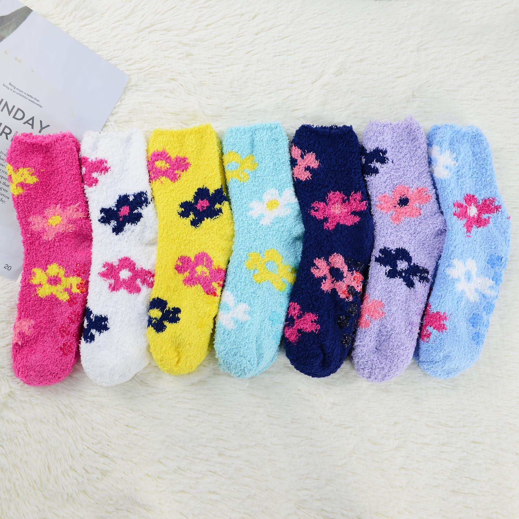 **Zando Women's Fuzzy Gripper Socks - Warm, Cozy & Anti-Slip Fluffy Socks with Seven Flowers Design - Super Soft & Non-Slip for Indoor, Lounge & Winter Wear**