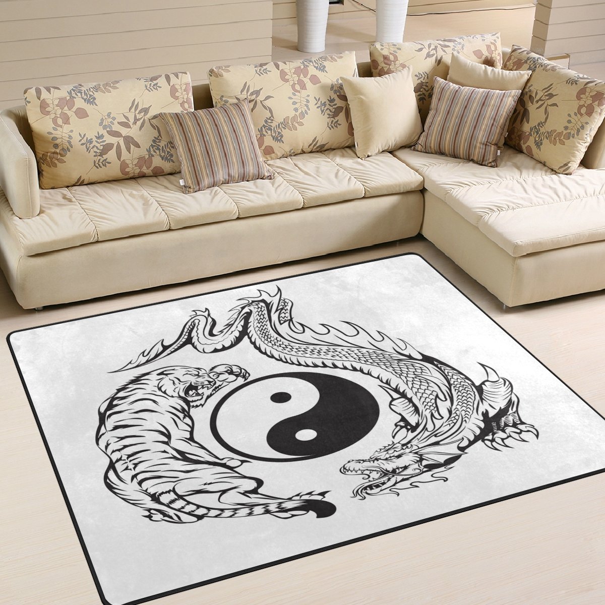 ALAZA Dragon vs Tiger Yin Yang Area Rug - Traditional Chinese Design Non-Slip Living Room & Bedroom Carpet 5'3