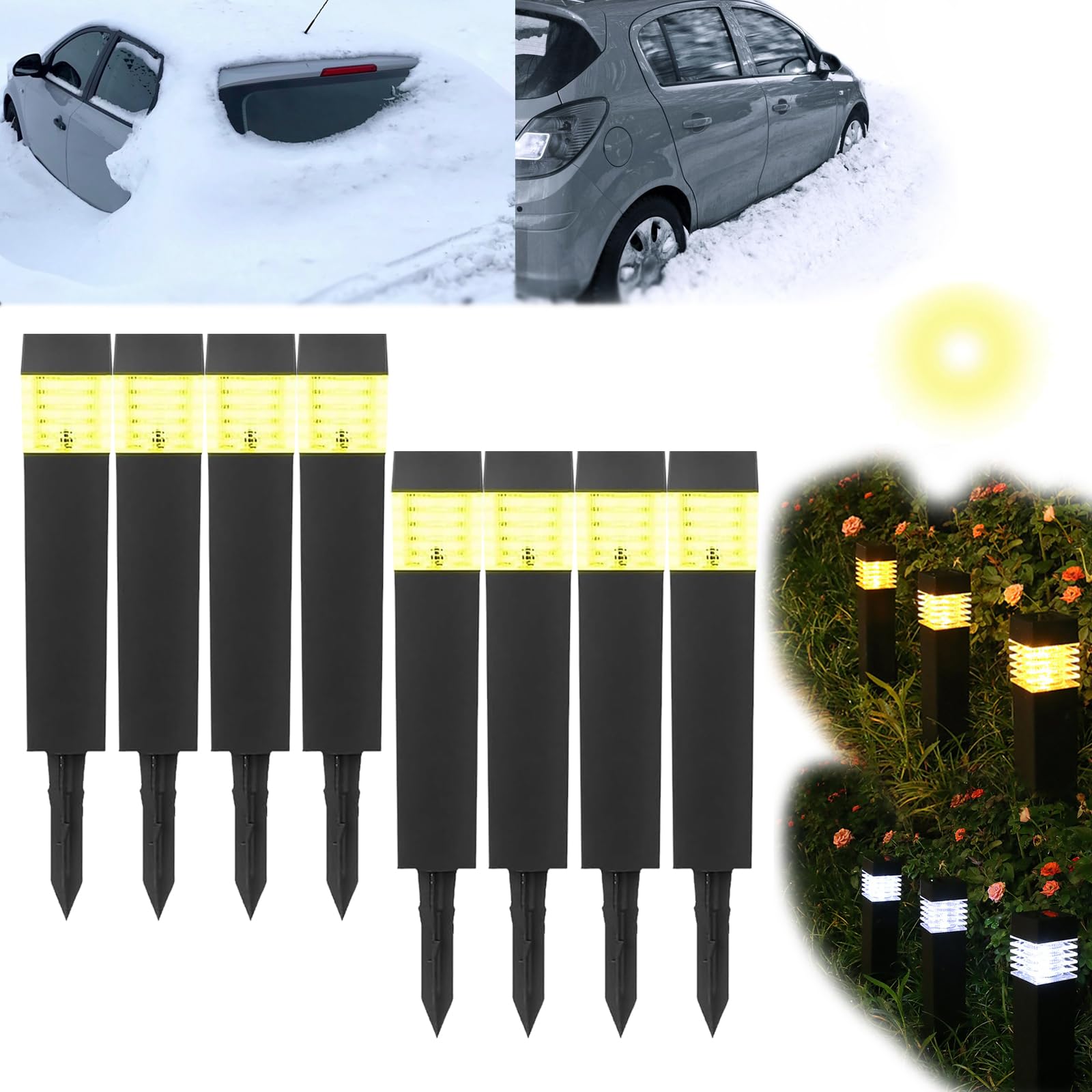 Wree Solar Powered Outdoor De-Icing Lights - Energy Efficient Electromagnetic Resonance Driveway Lights (8 Pack Warm White) - Perfect for Winter Walkways, Stairs & Patios