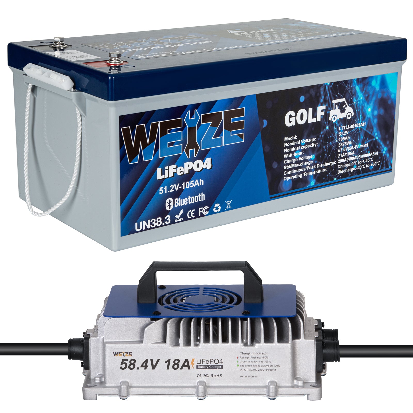 WEIZE 48V 105AH LiFePO4 Golf Cart Battery with Bluetooth - Grade A Cells, 200A BMS, 650A Peak Discharge, FCC Certified (Replaces 6x8V GC8) - Includes 48V 18A Lithium Charger & Low Temp Protection - Perfect for Golf Carts, Electric Vehicles & Off-Grid Power Systems