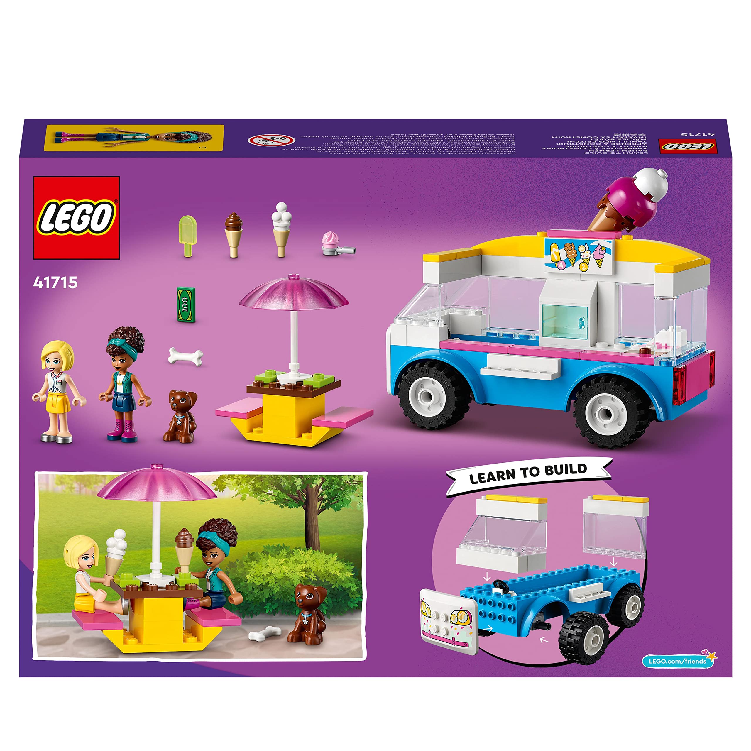 LEGO 41715 Friends Ice Cream Truck Building Toy with Dog Figure, Vehicle & Mini-Dolls Dash & Andrea - Creative Play for Kids Ages 4+ | Birthday Gift, Pretend Play, STEM Learning Toy
