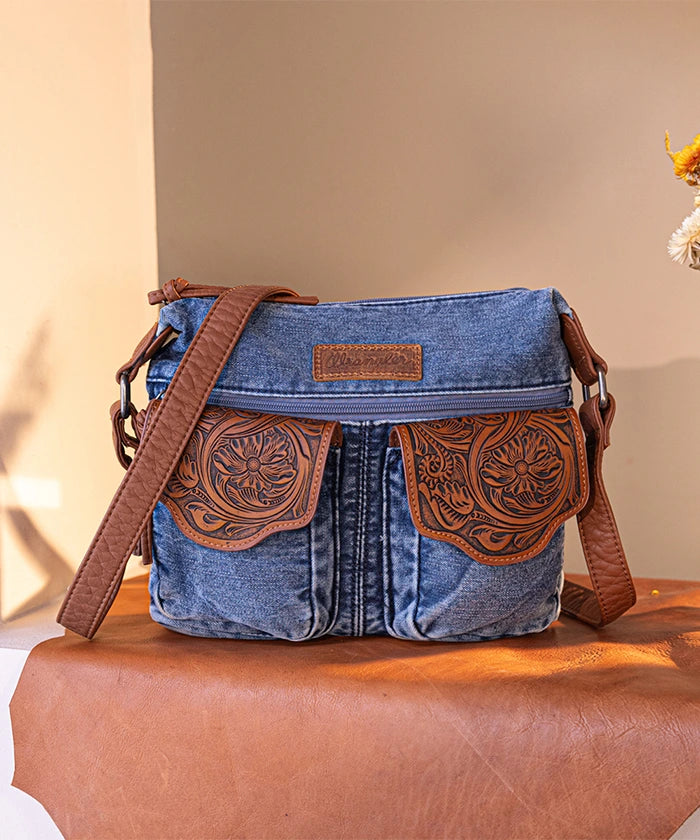 Wrangler Floral Embossed Denim Crossbody Bag for Women - Stylish & Durable Purse for Everyday Use, Shopping & Travel
